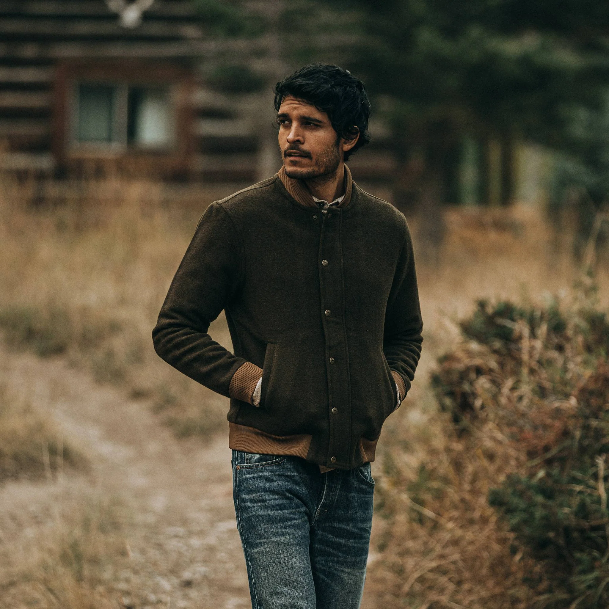 The Bomber Jacket in Olive Wool - Image 2