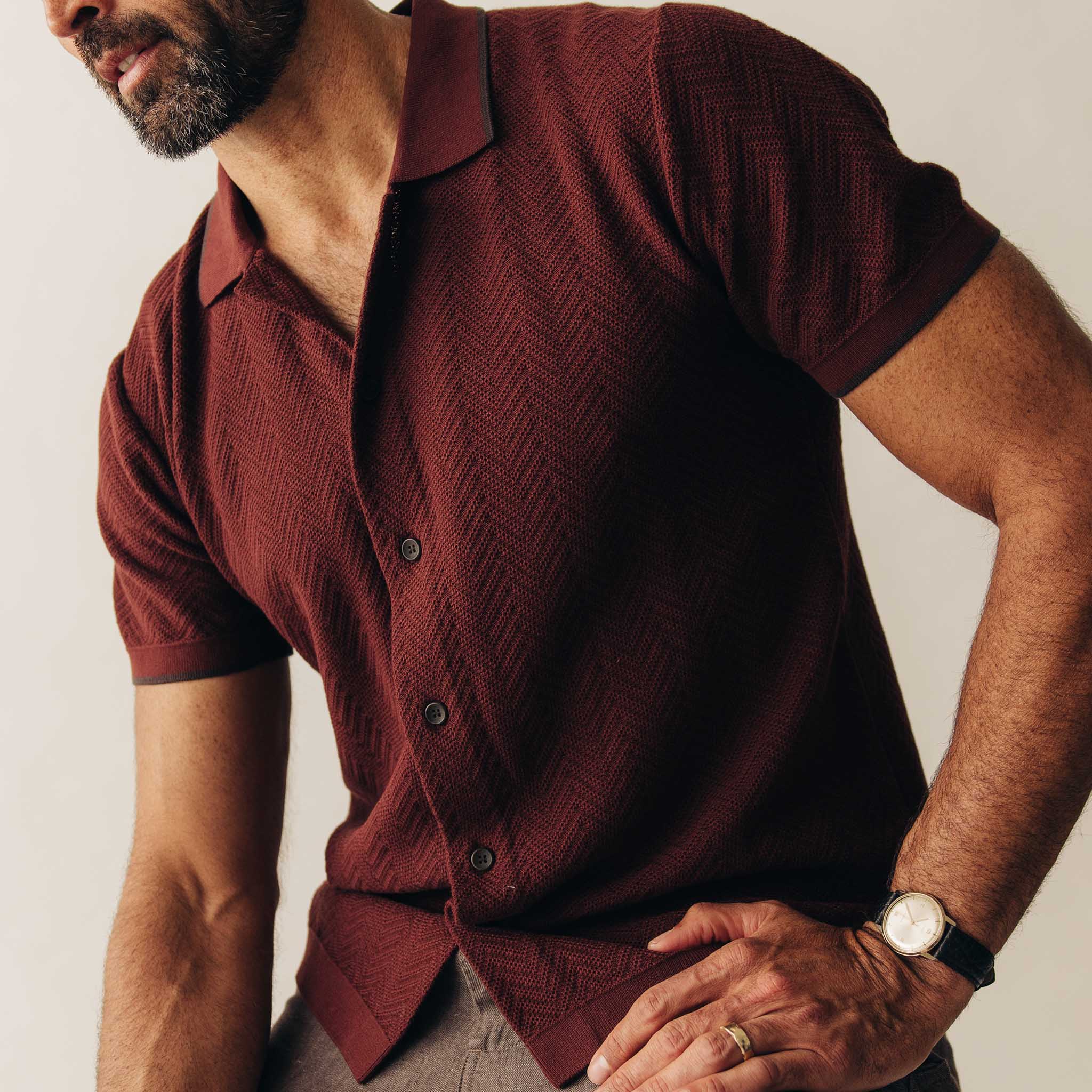 The Button Down Polo in Dried Cherry Herringbone - Image 4