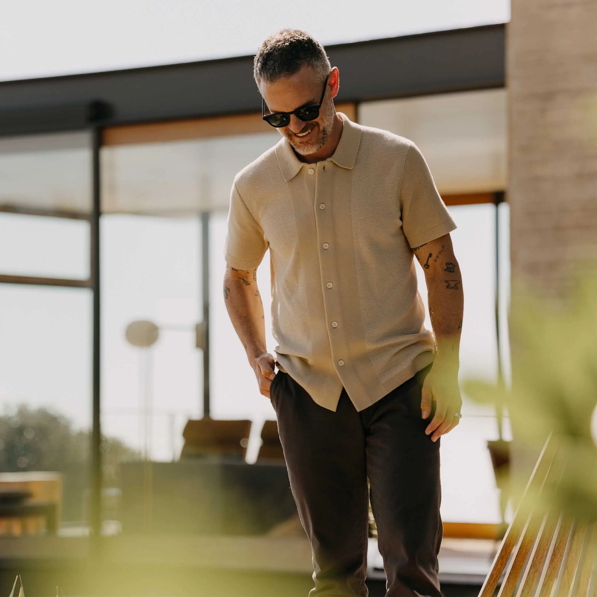 The Button Down Polo in Faded Khaki Seed Stitch - Image 2