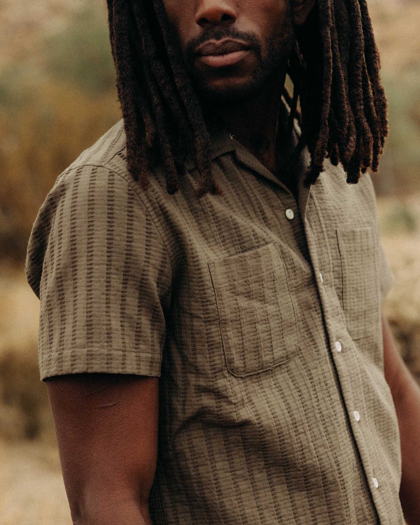 The Conrad Shirt in Fatigue Olive Dobby Stripe - Image 3