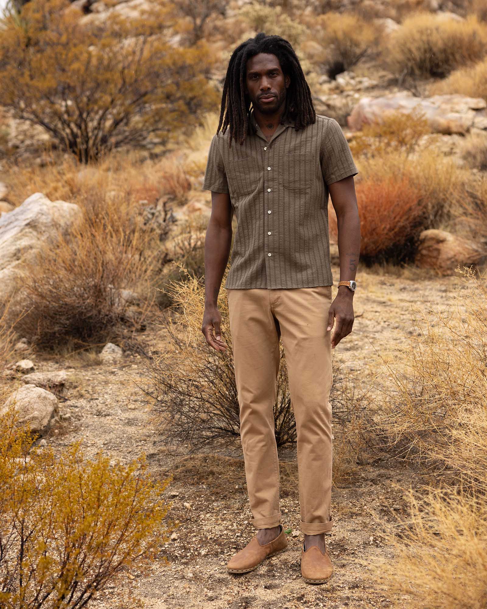 The Conrad Shirt in Fatigue Olive Dobby Stripe - Image 4