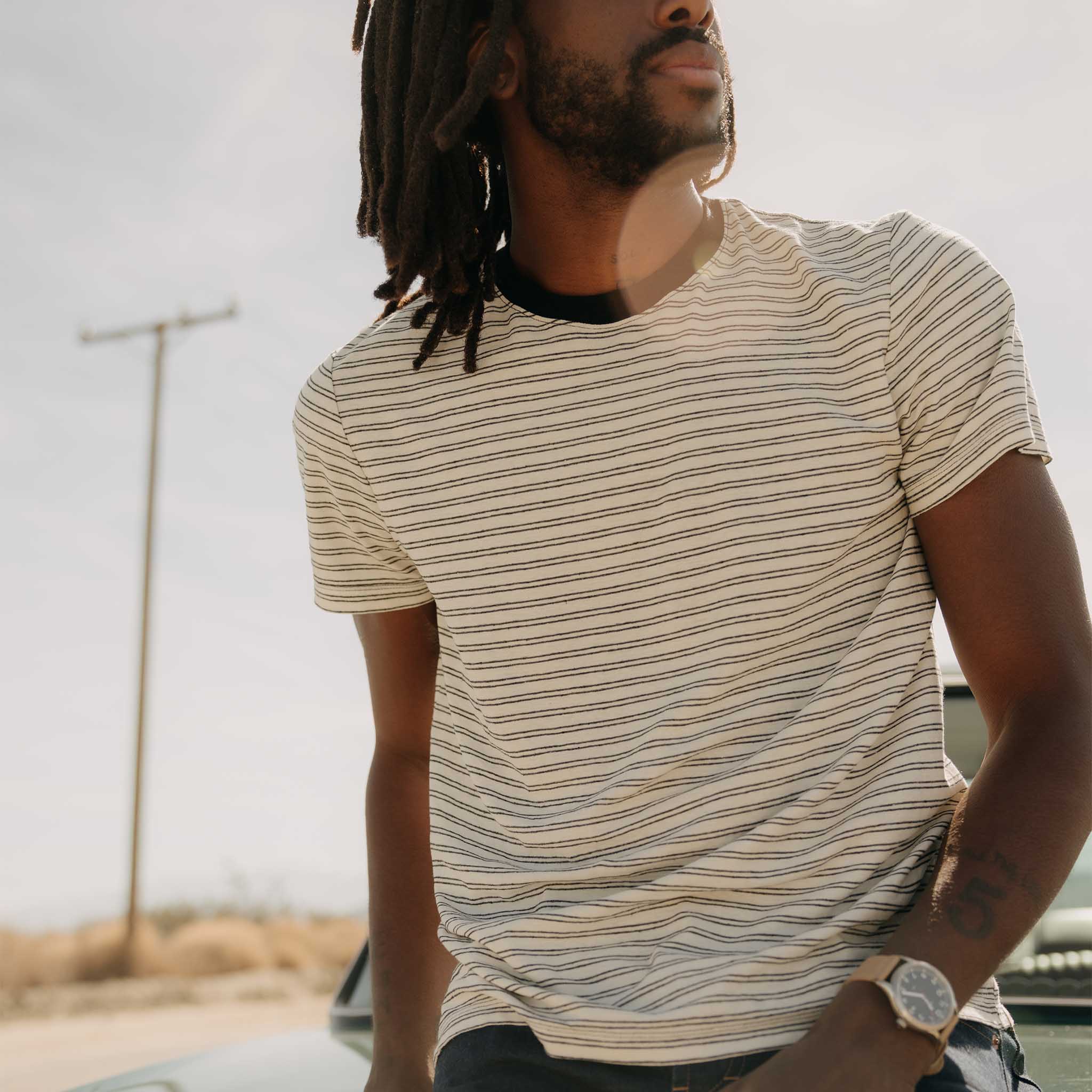 The Cotton Hemp Tee in Black Coffee Stripe - Image 4