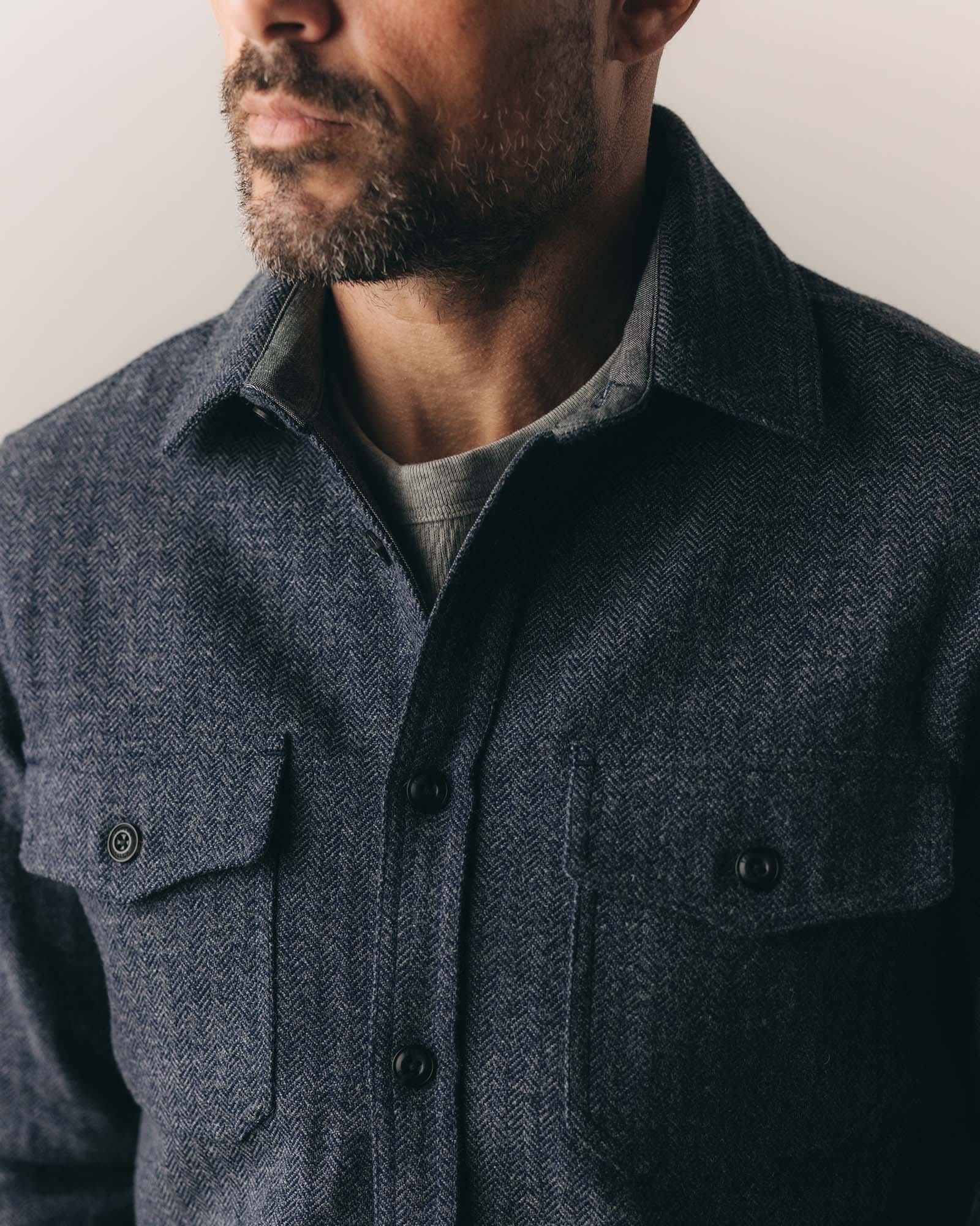 The CPO Overshirt in Indigo Ash Wool Herringbone - Image 4