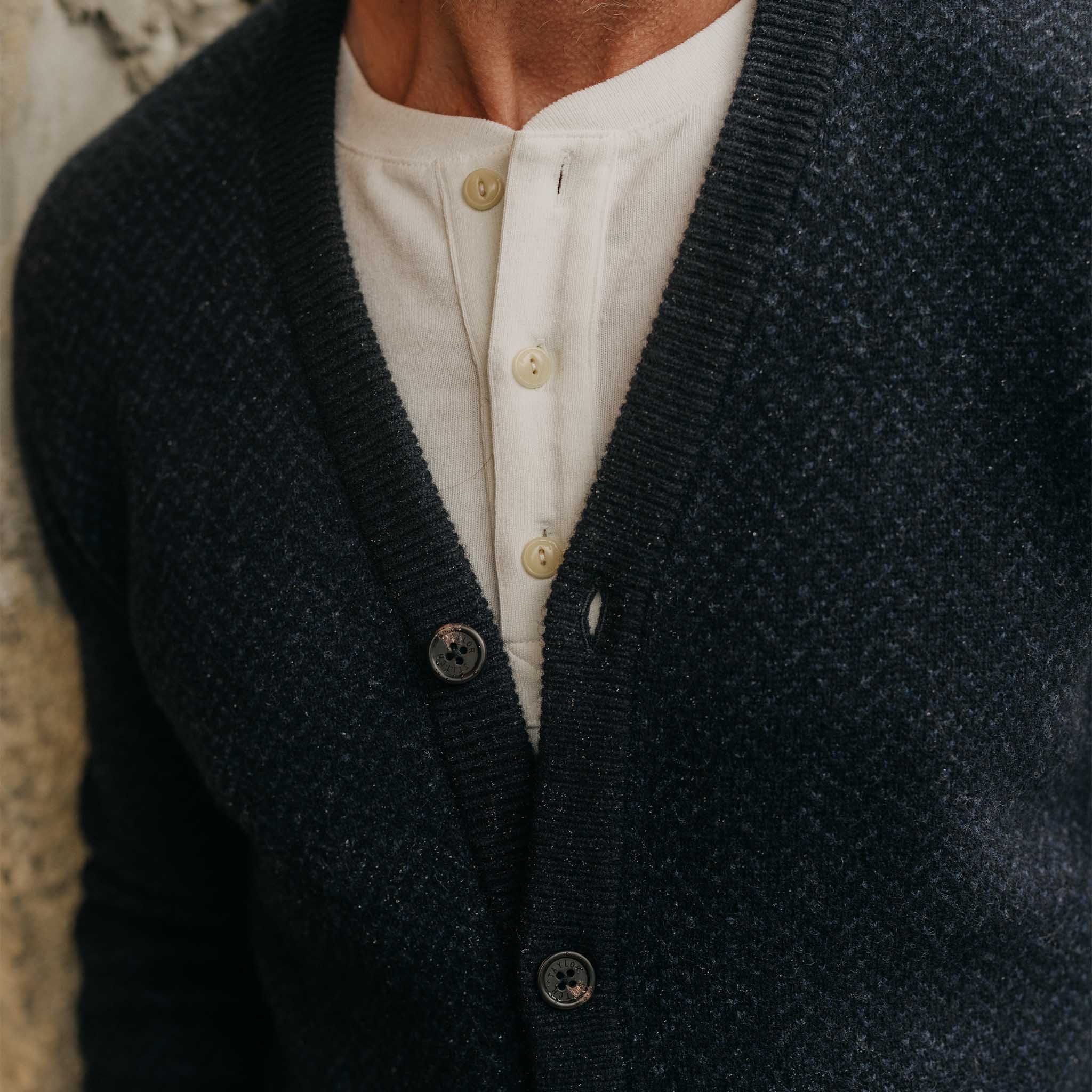 The Eddy Cardigan in Heather Marine Herringbone - Image 3