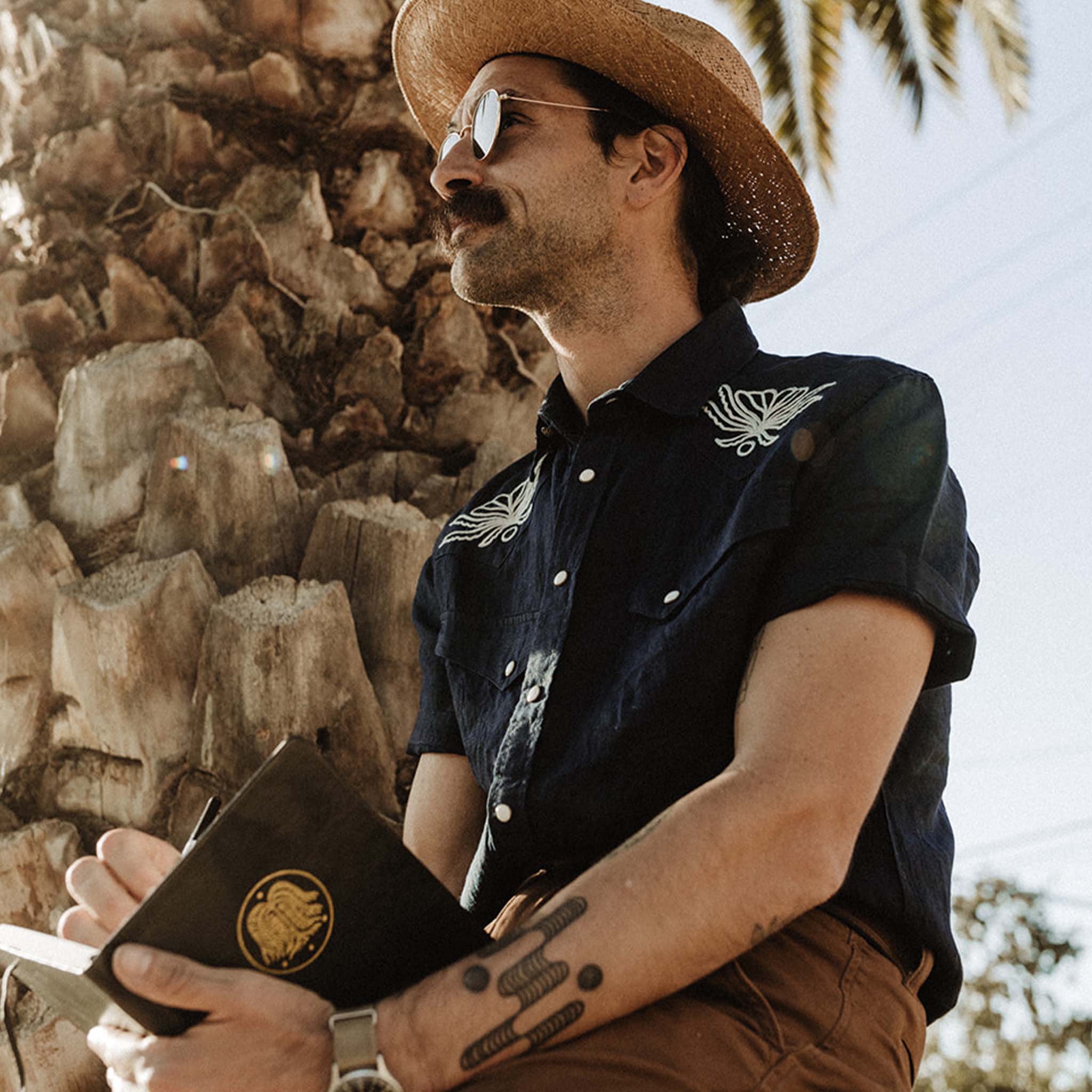 The Embroidered Short Sleeve Western in Indigo Linen - Image 5
