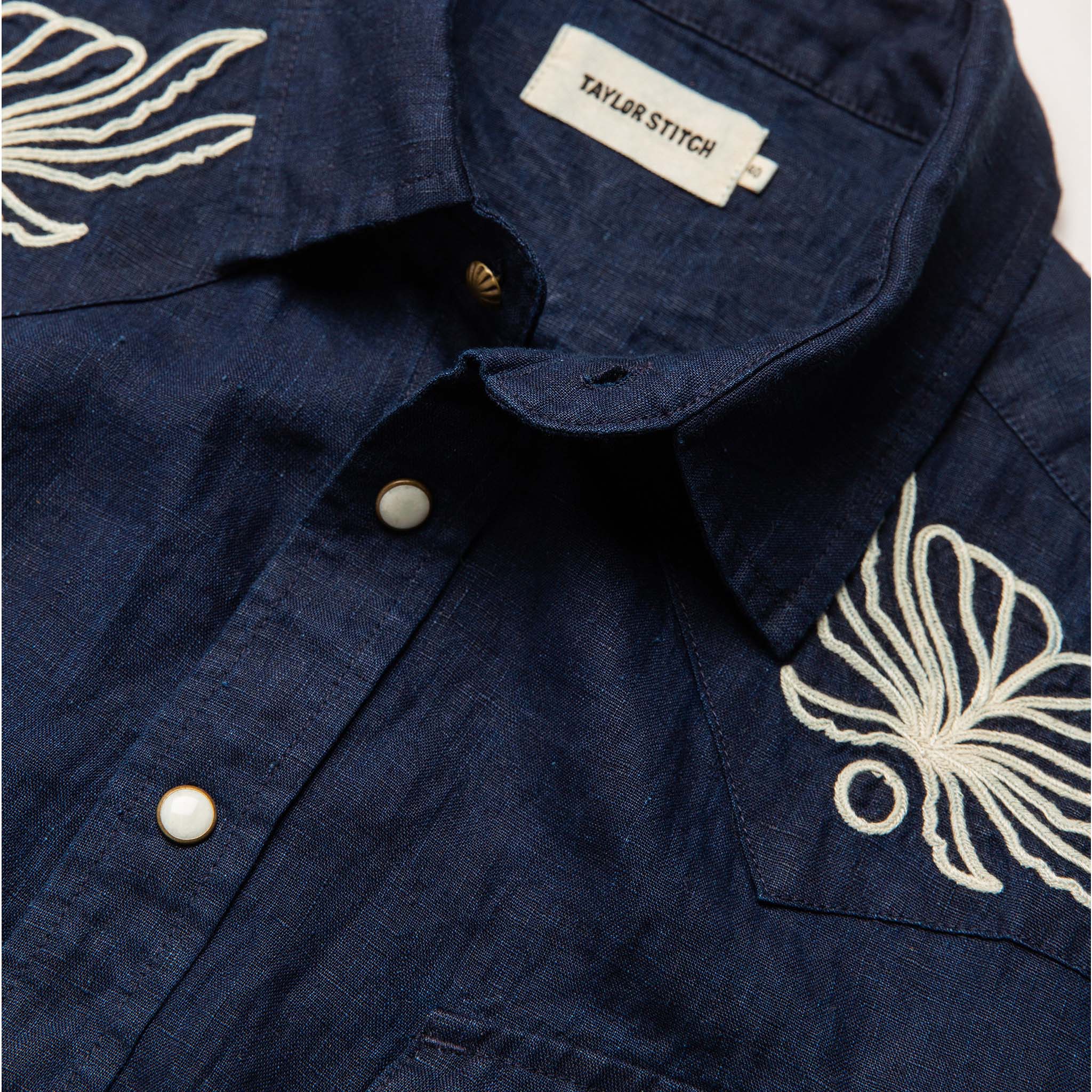 The Embroidered Short Sleeve Western in Indigo Linen - Image 6