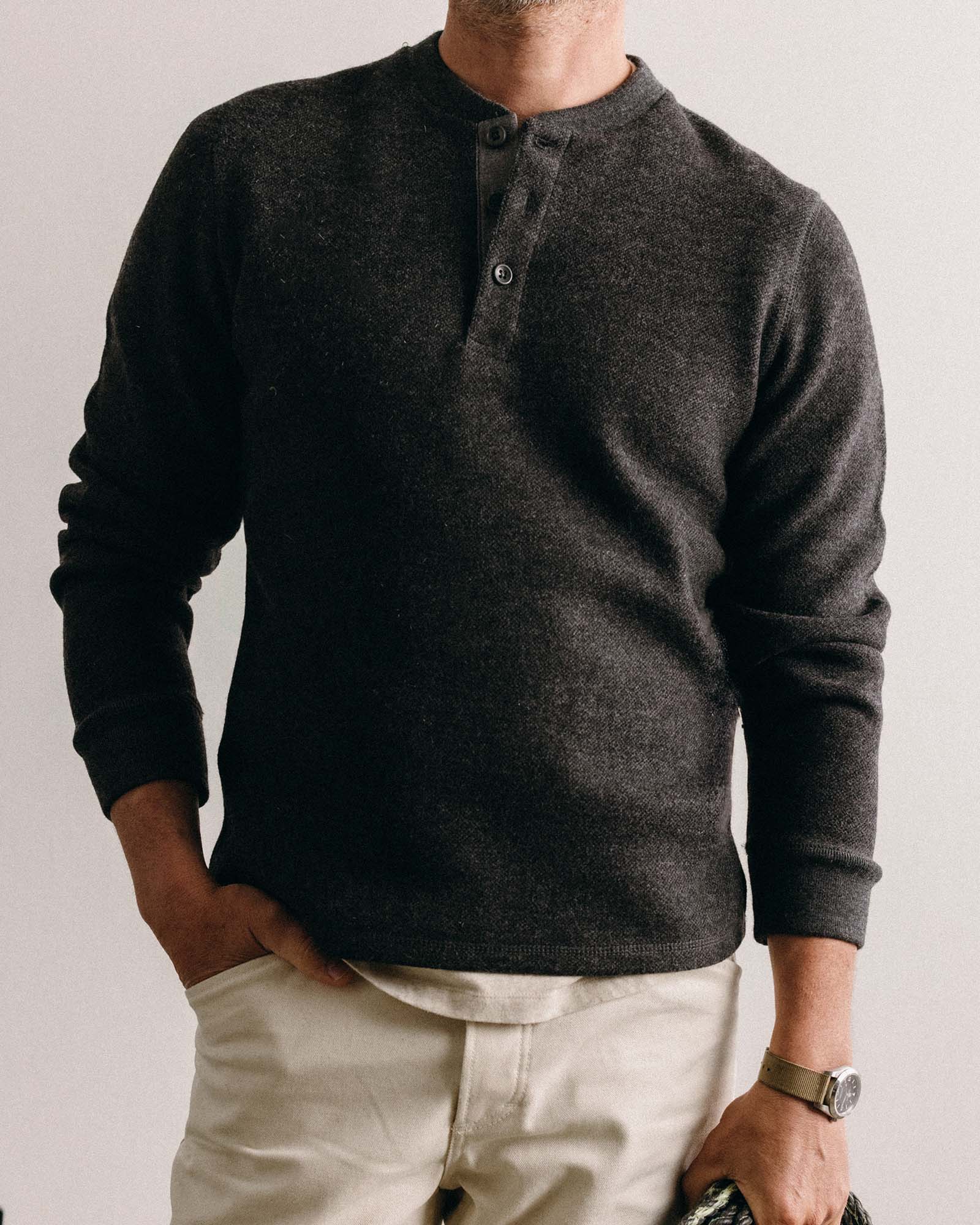 The Evans Henley in Charcoal Birdseye Wool - Image 2