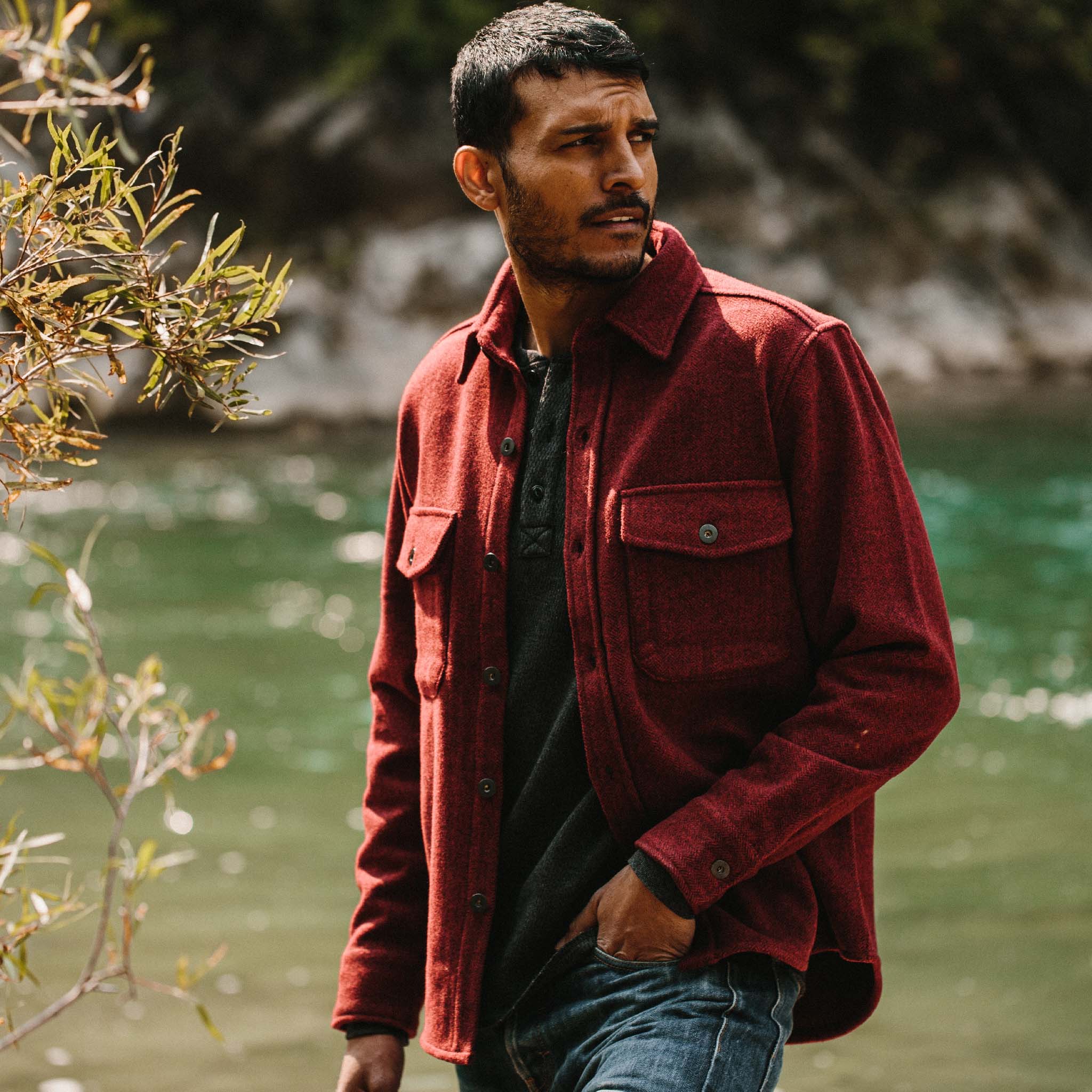 The Explorer Shirt in Burgundy Herringbone Wool - Image 2
