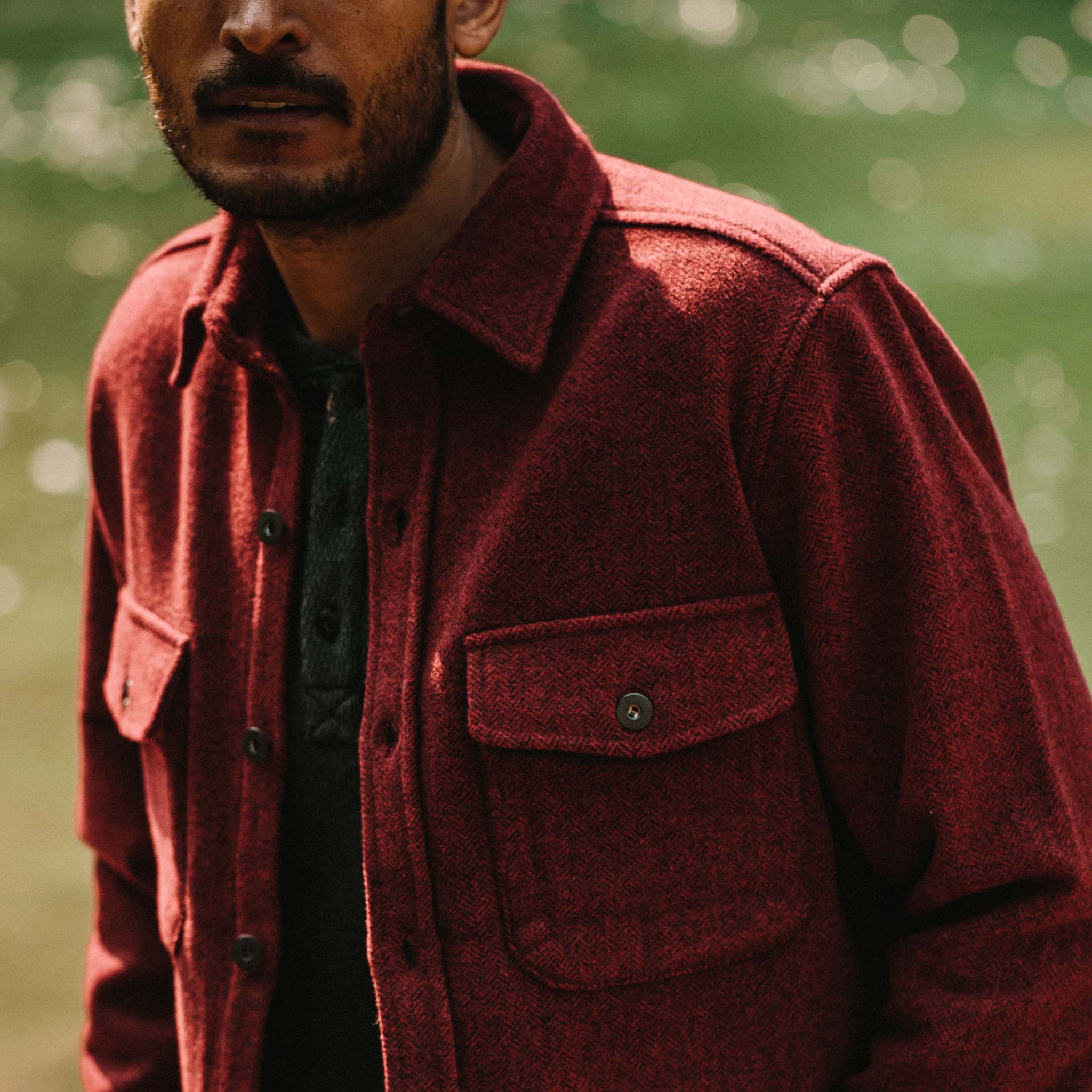 The Explorer Shirt in Burgundy Herringbone Wool - Image 3