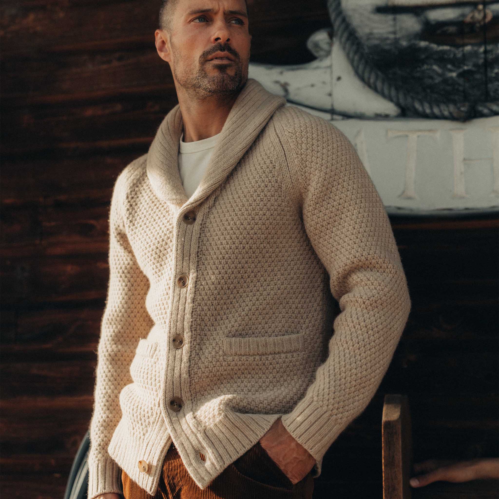 The Fisherman Shawl Cardigan in Heather Oat Merino - Image 2
