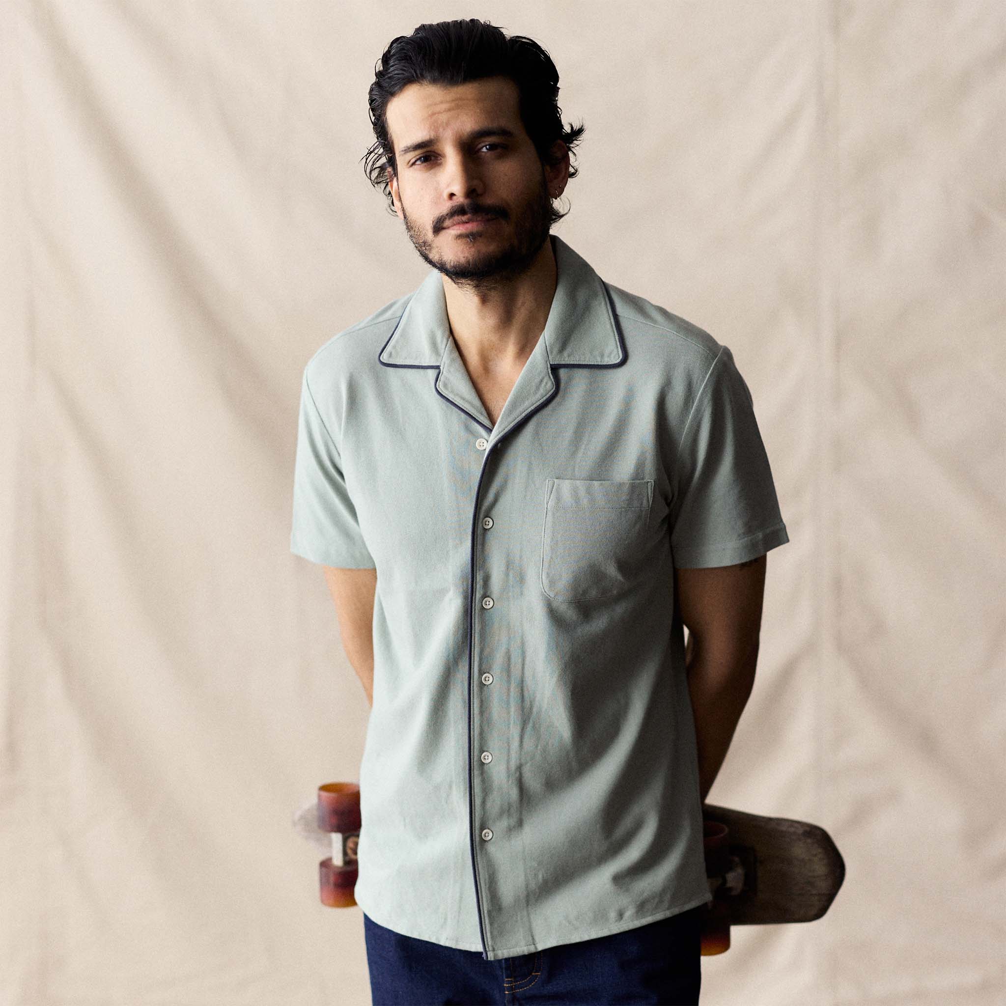 The Harwich Shirt in Surf Green Tipped Pique - Image 3