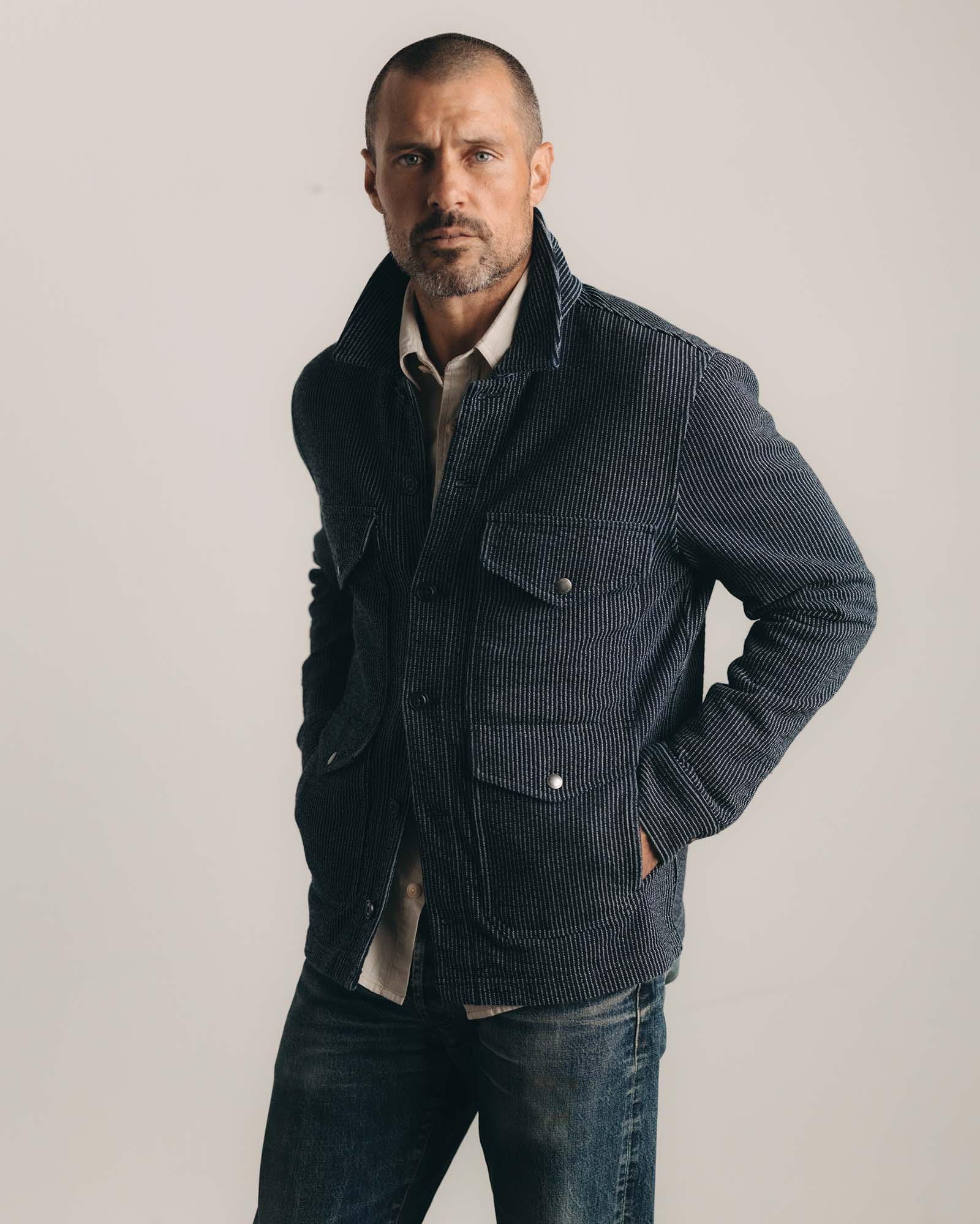 The Jackson Jacket in Rinsed Indigo French Terry Stripe - Image 2