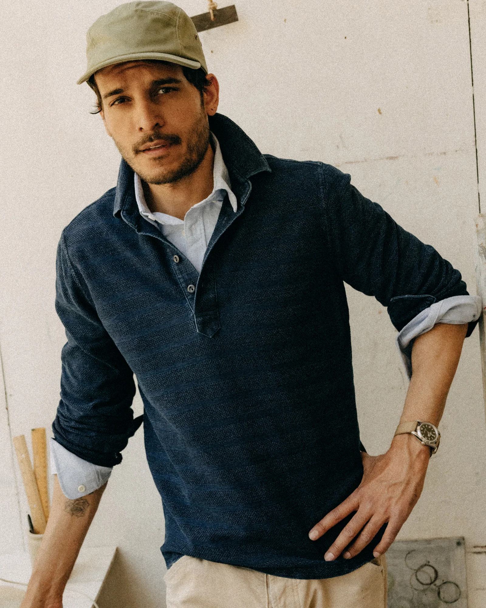 The Long Sleeve Polo in Indigo Knit Stripe - Image 4