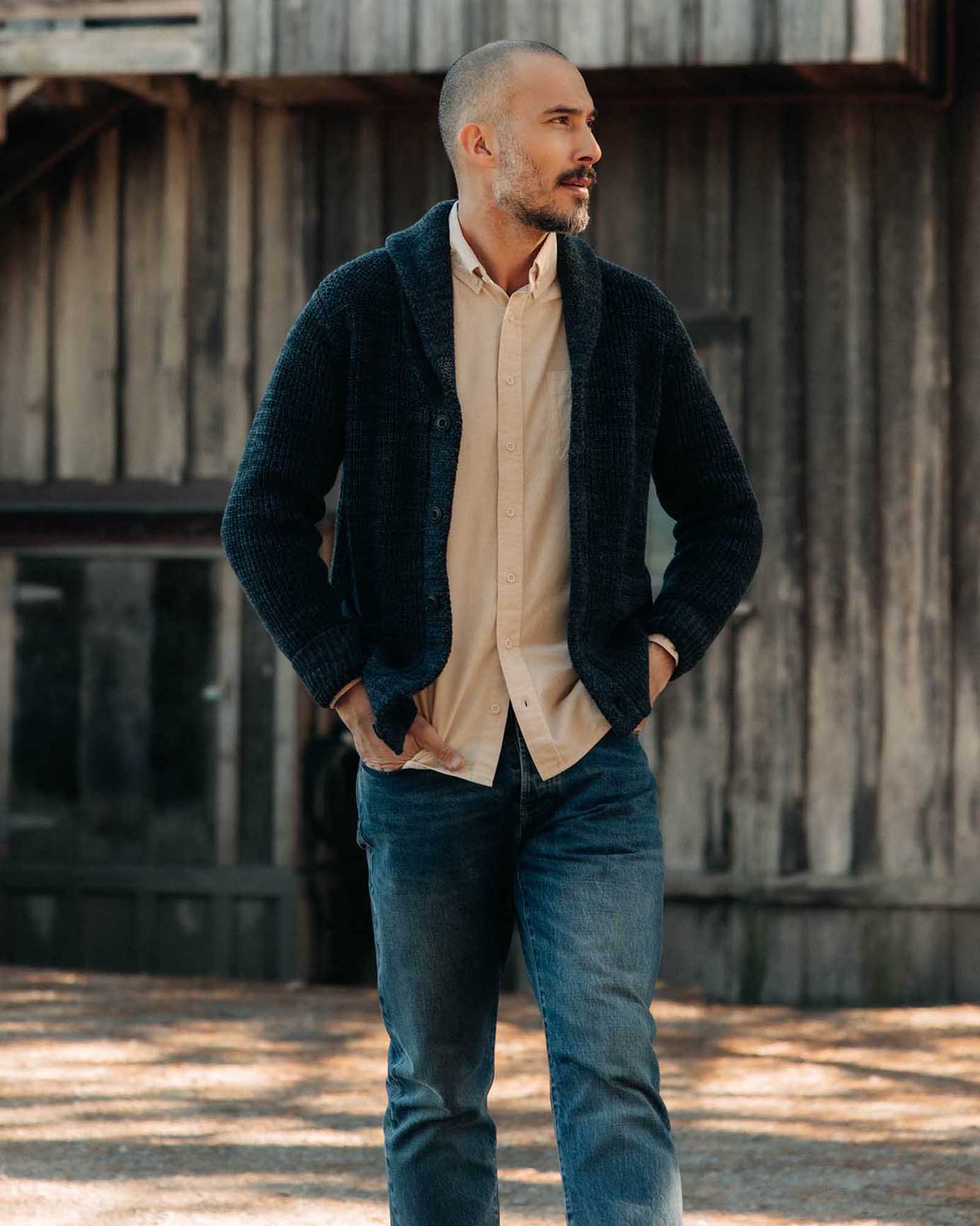The Mariner Shawl Cardigan in Ink Slub - Image 4