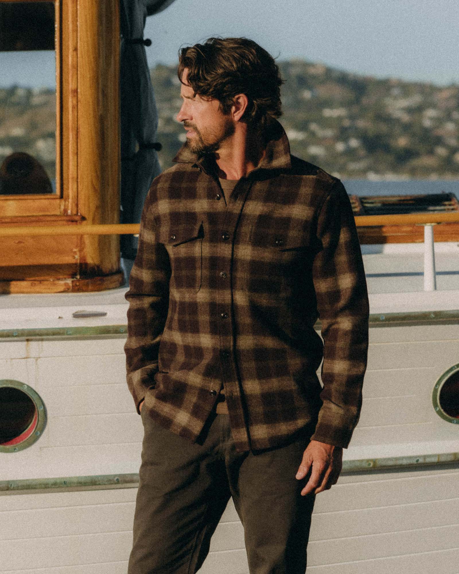 The Maritime Shirt Jacket in Burgundy Plaid Wool - Image 2
