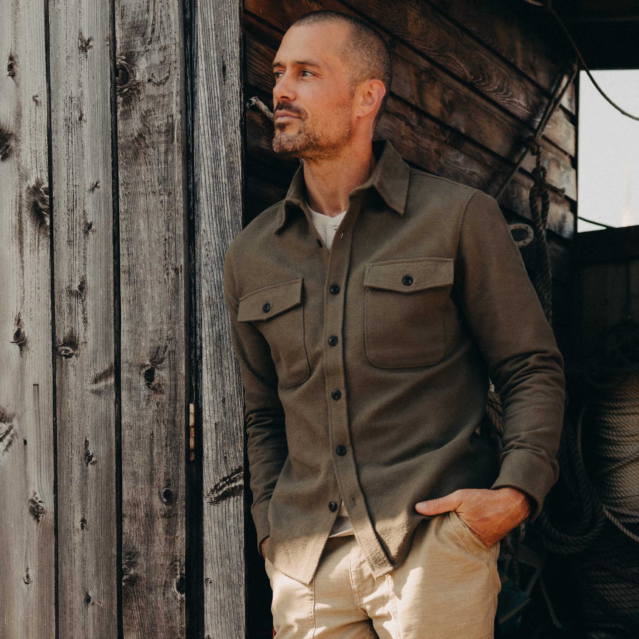 The Maritime Shirt Jacket in Fatigue Olive Moleskin Twill - Image 2