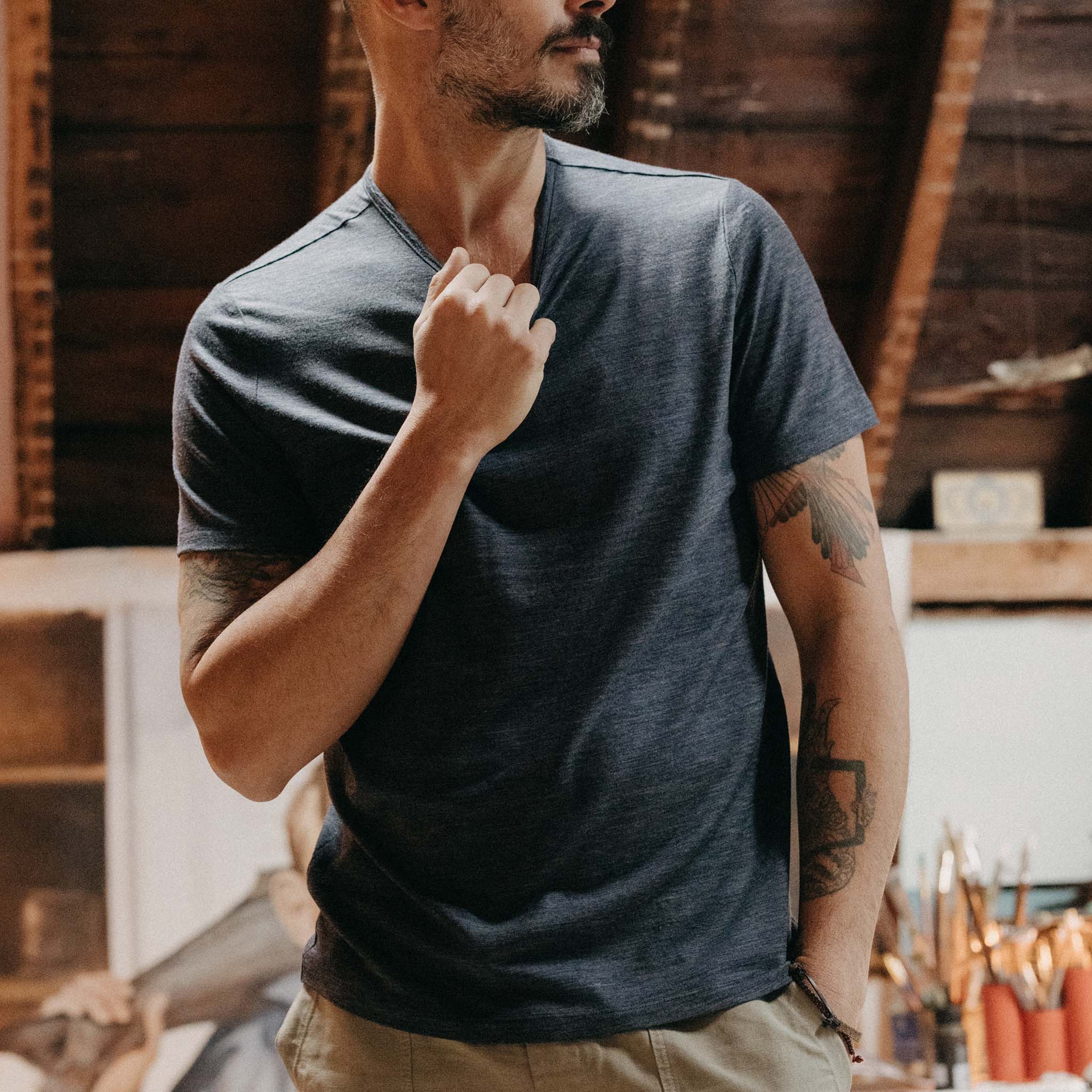 The Merino Tee in Heather Navy - Image 2