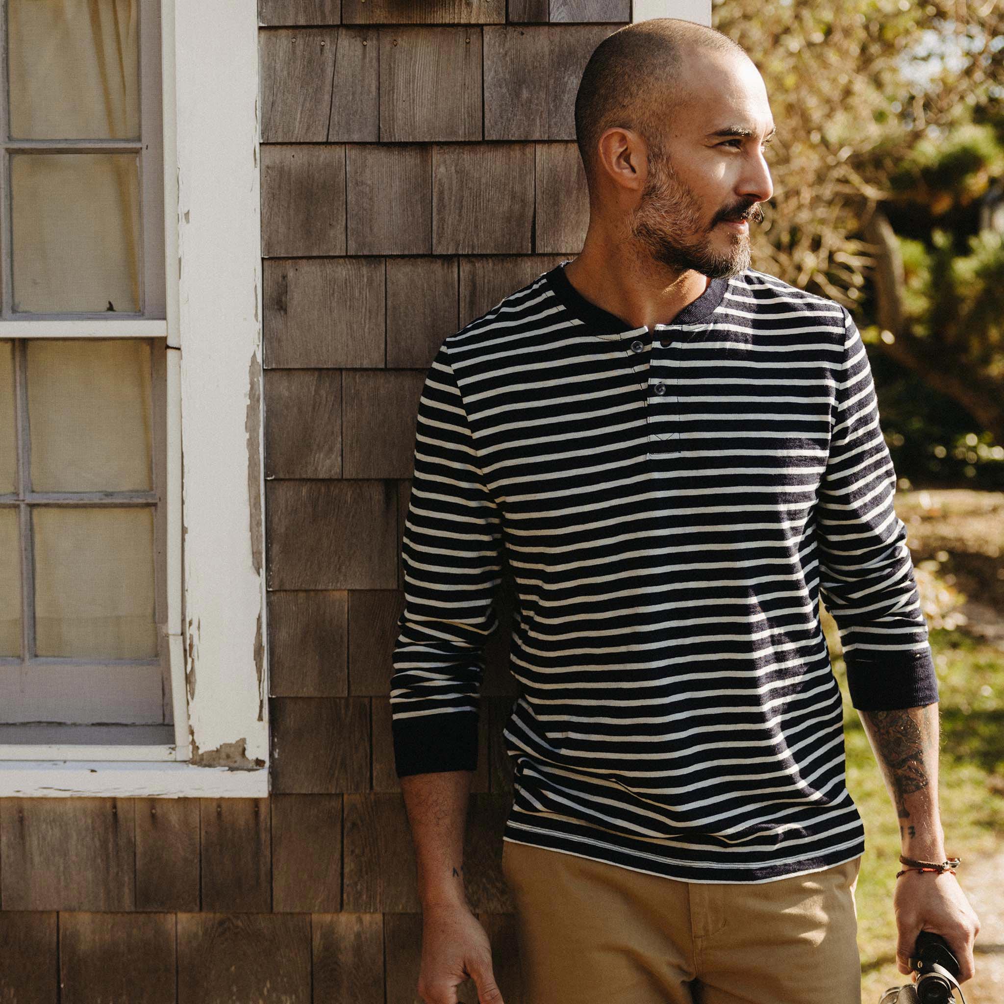 The Organic Cotton Henley in Rinsed Indigo Stripe - Image 2