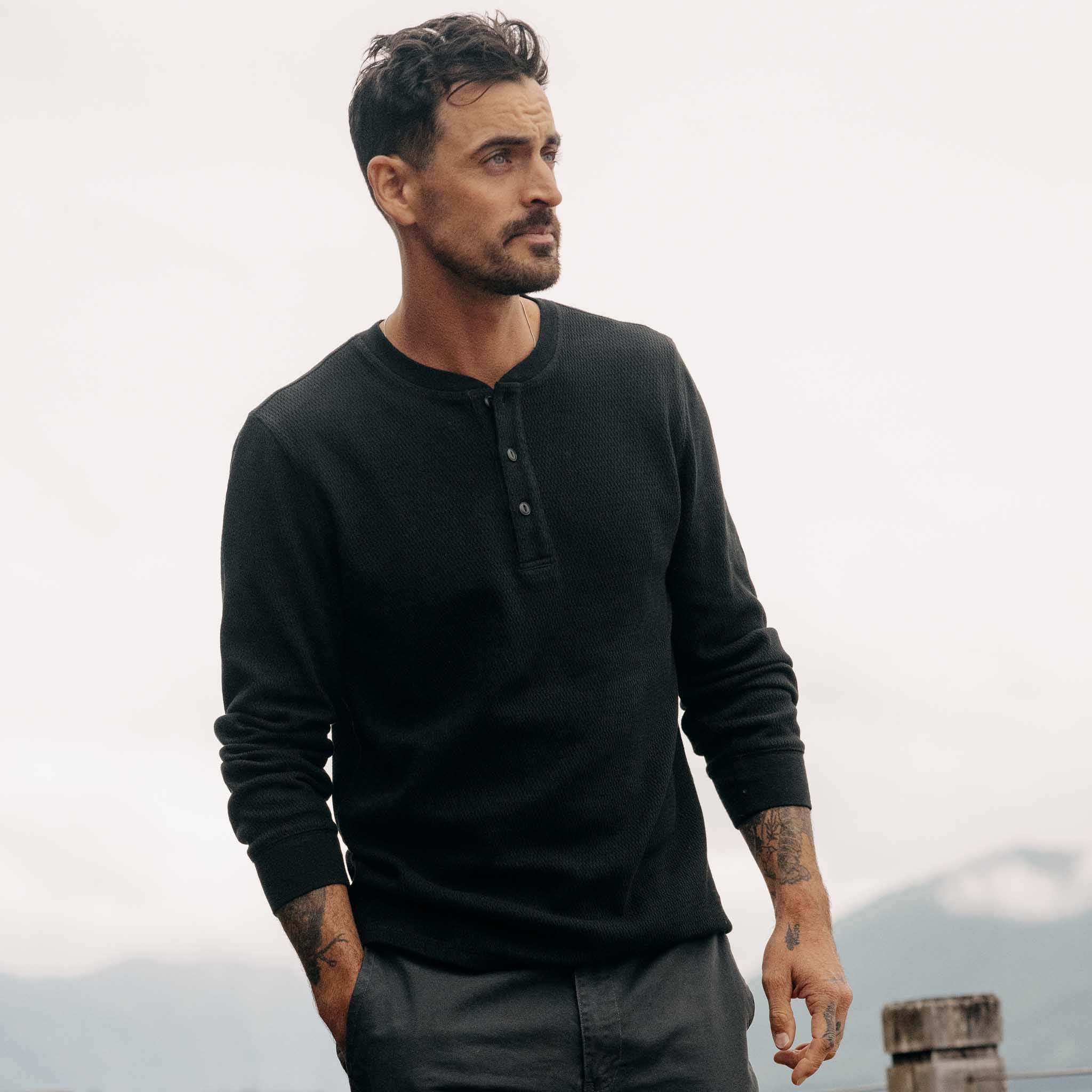 The Organic Cotton Waffle Henley in Faded Black - Image 2