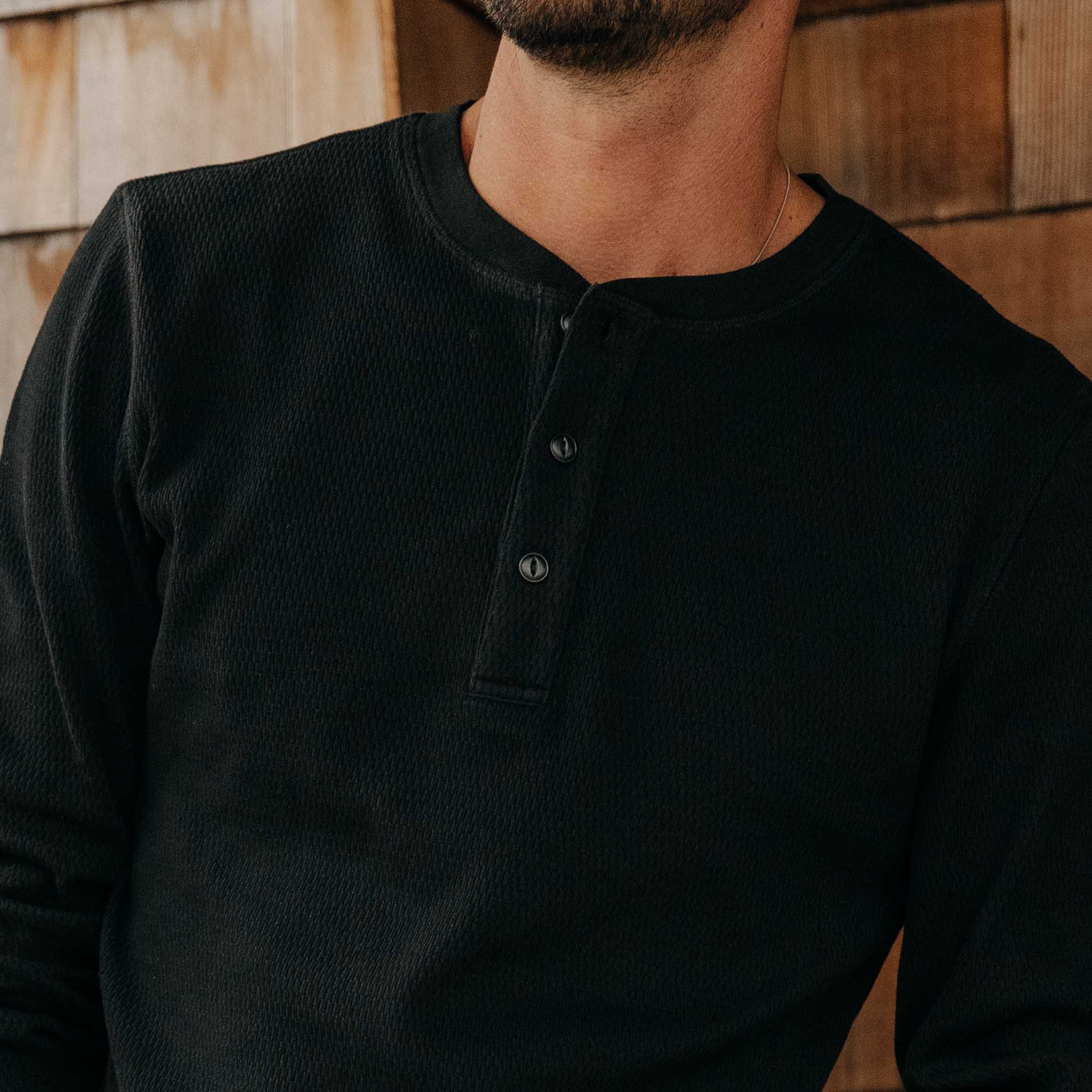 The Organic Cotton Waffle Henley in Faded Black - Image 3