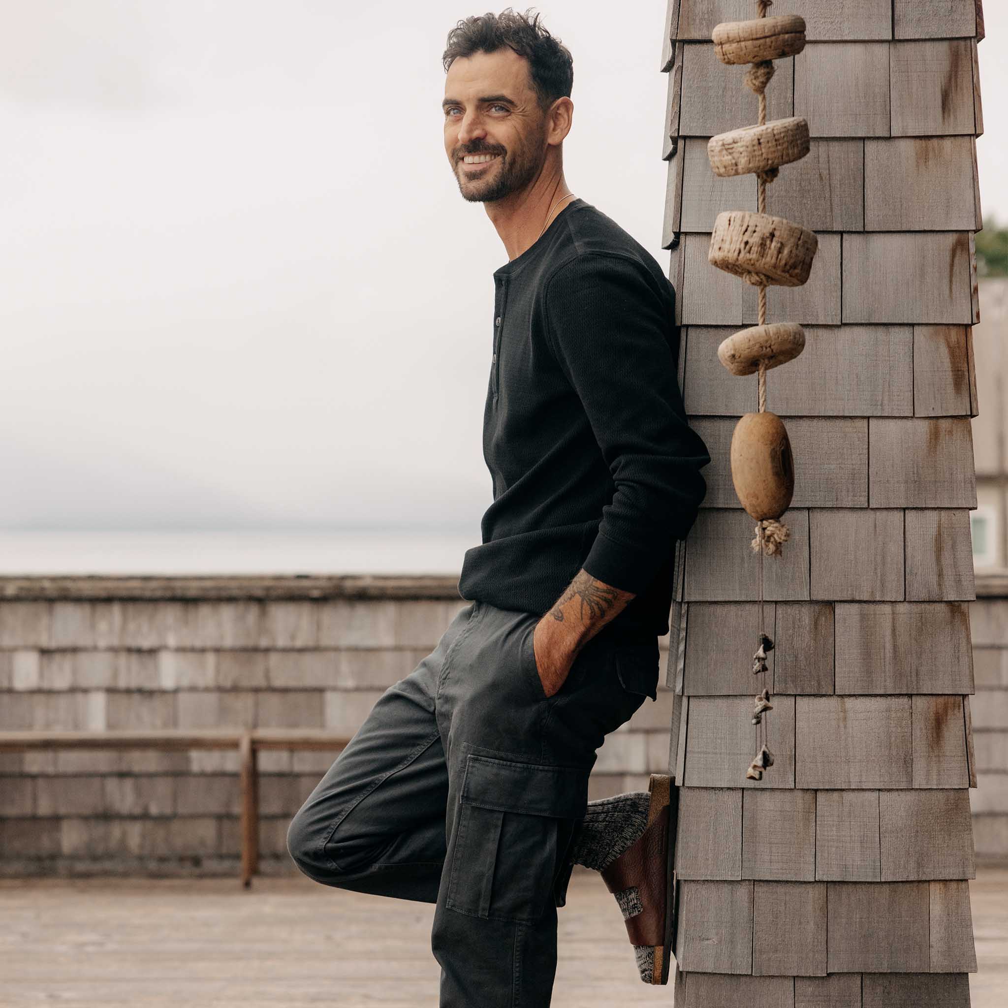 The Organic Cotton Waffle Henley in Faded Black - Image 4