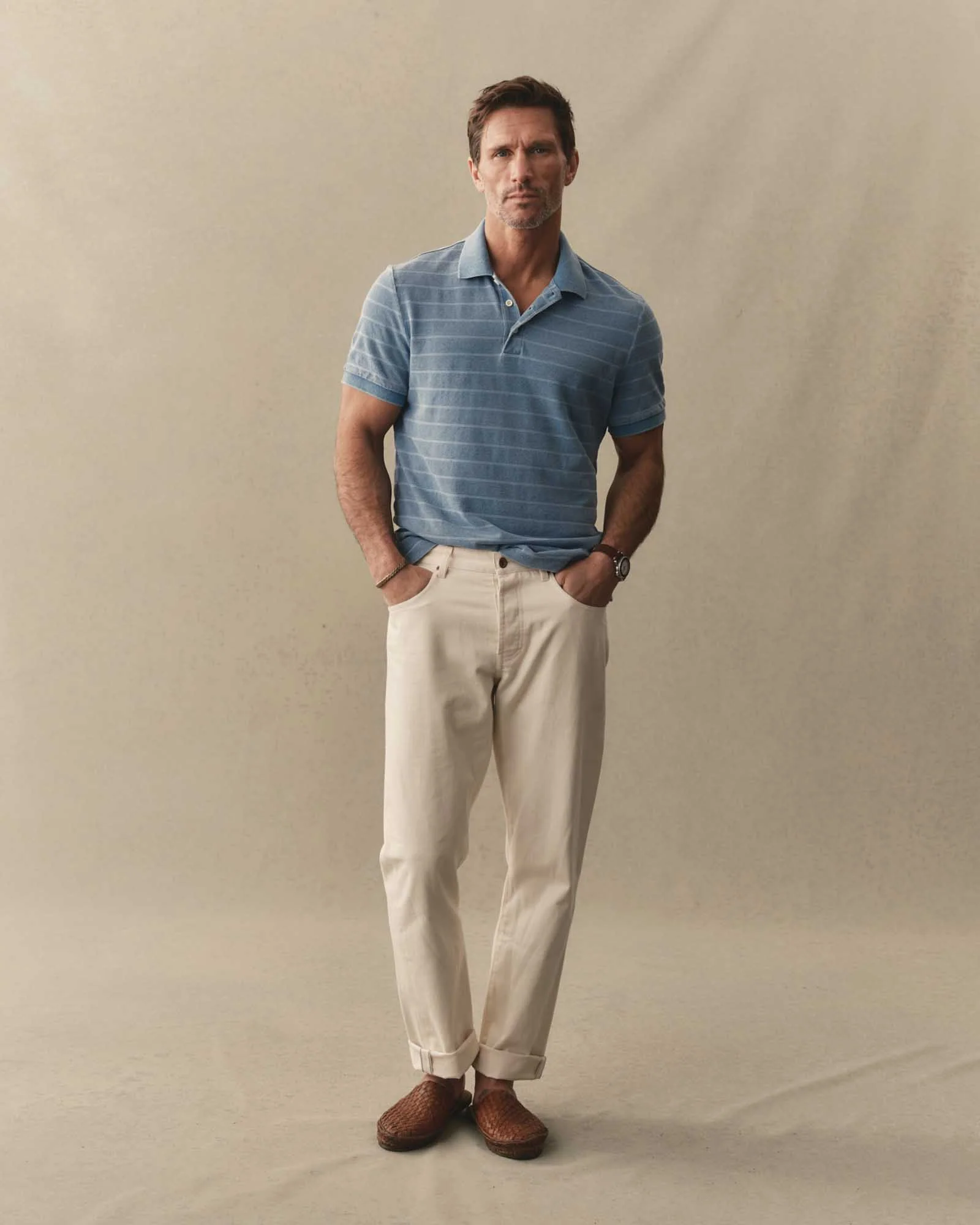 The Pacific Polo in Washed Indigo Pique Stripe - Image 3