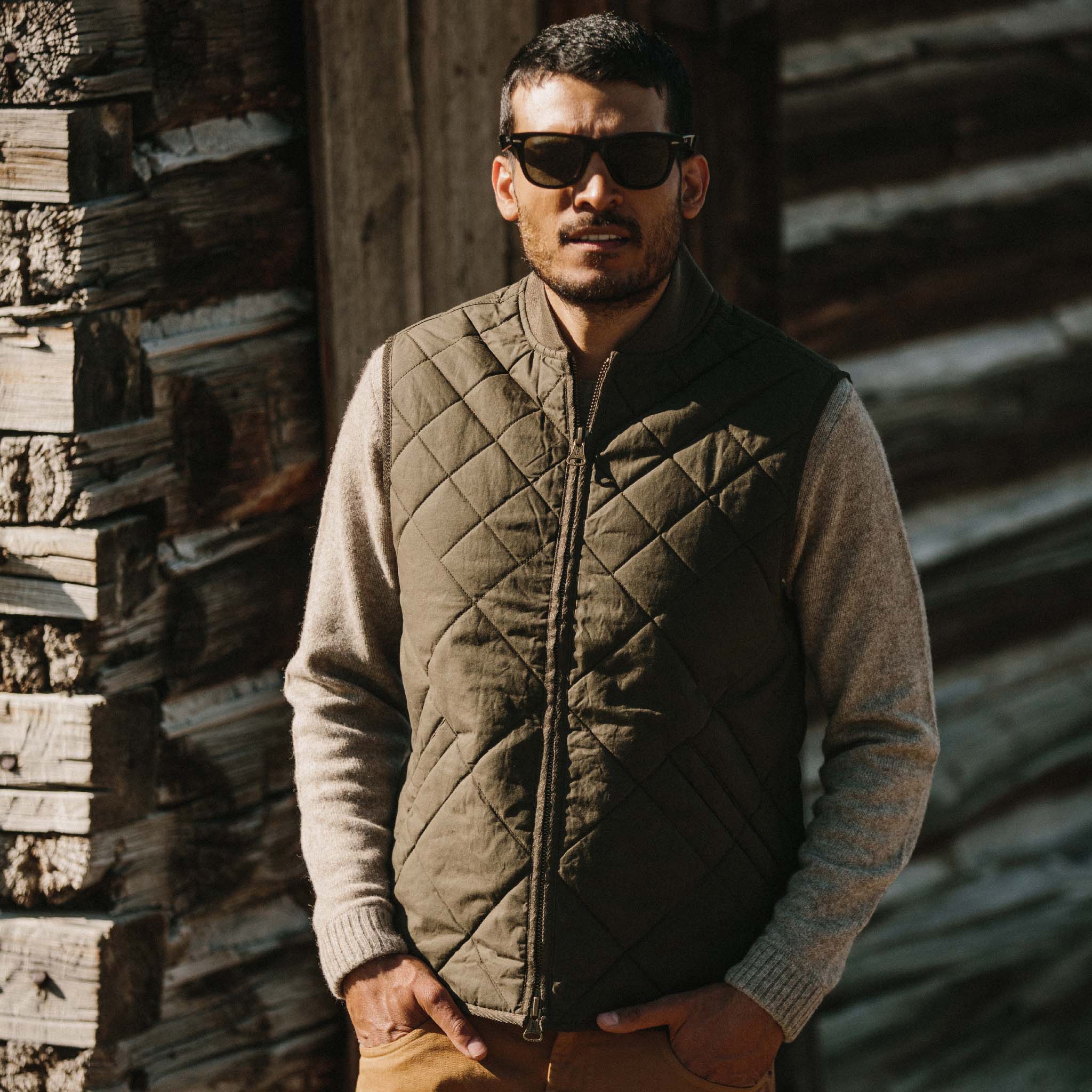 The Quilted Bomber Vest in Olive Dry Wax - Image 2