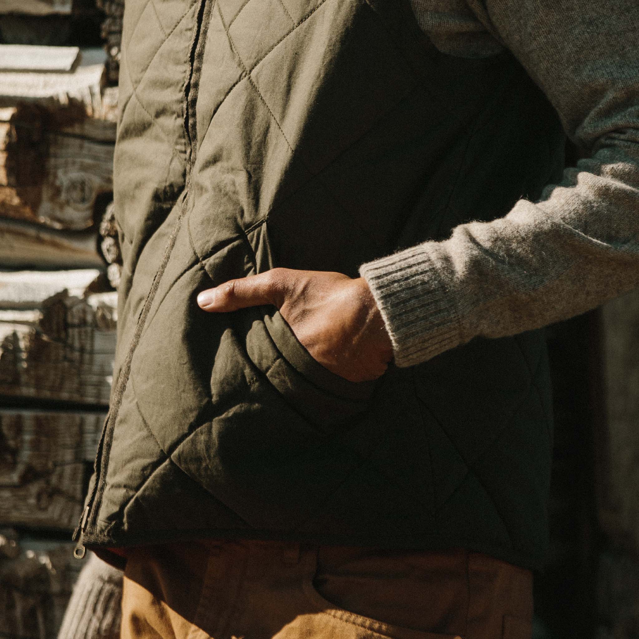 The Quilted Bomber Vest in Olive Dry Wax - Image 4