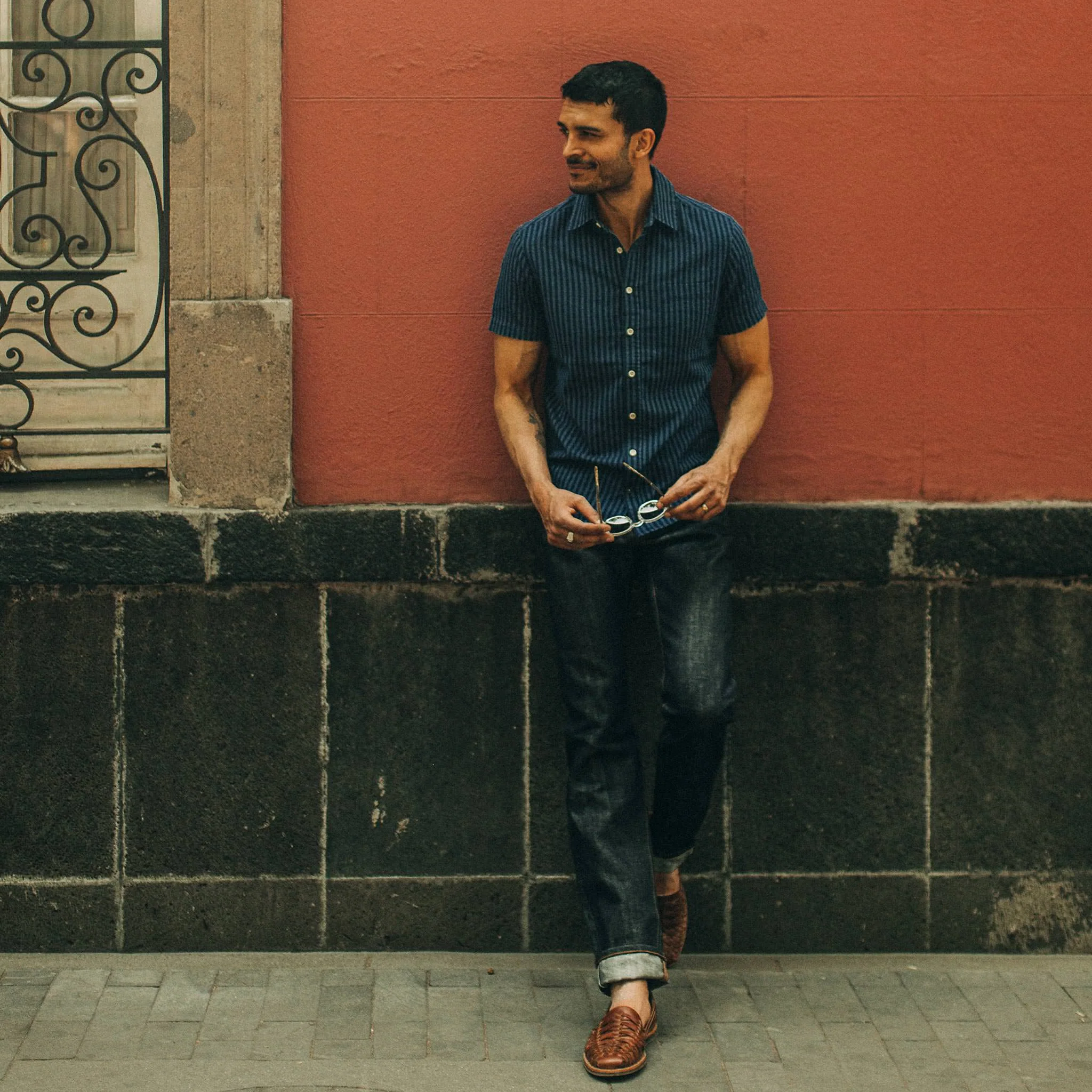 The Short Sleeve California in Indigo Jacquard Stripe - Image 2