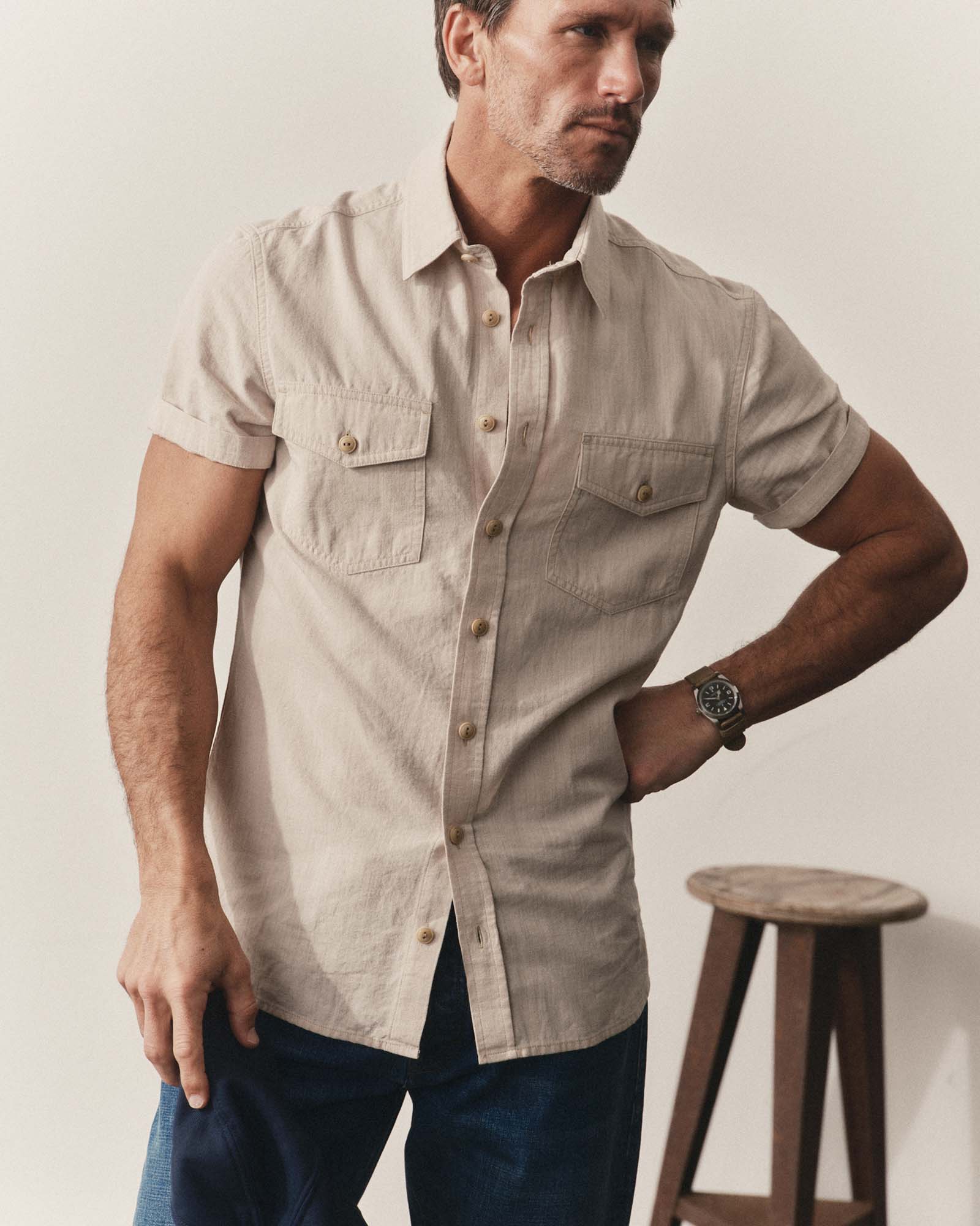 The Short Sleeve Crew Shirt in Natural Chambray - Image 2