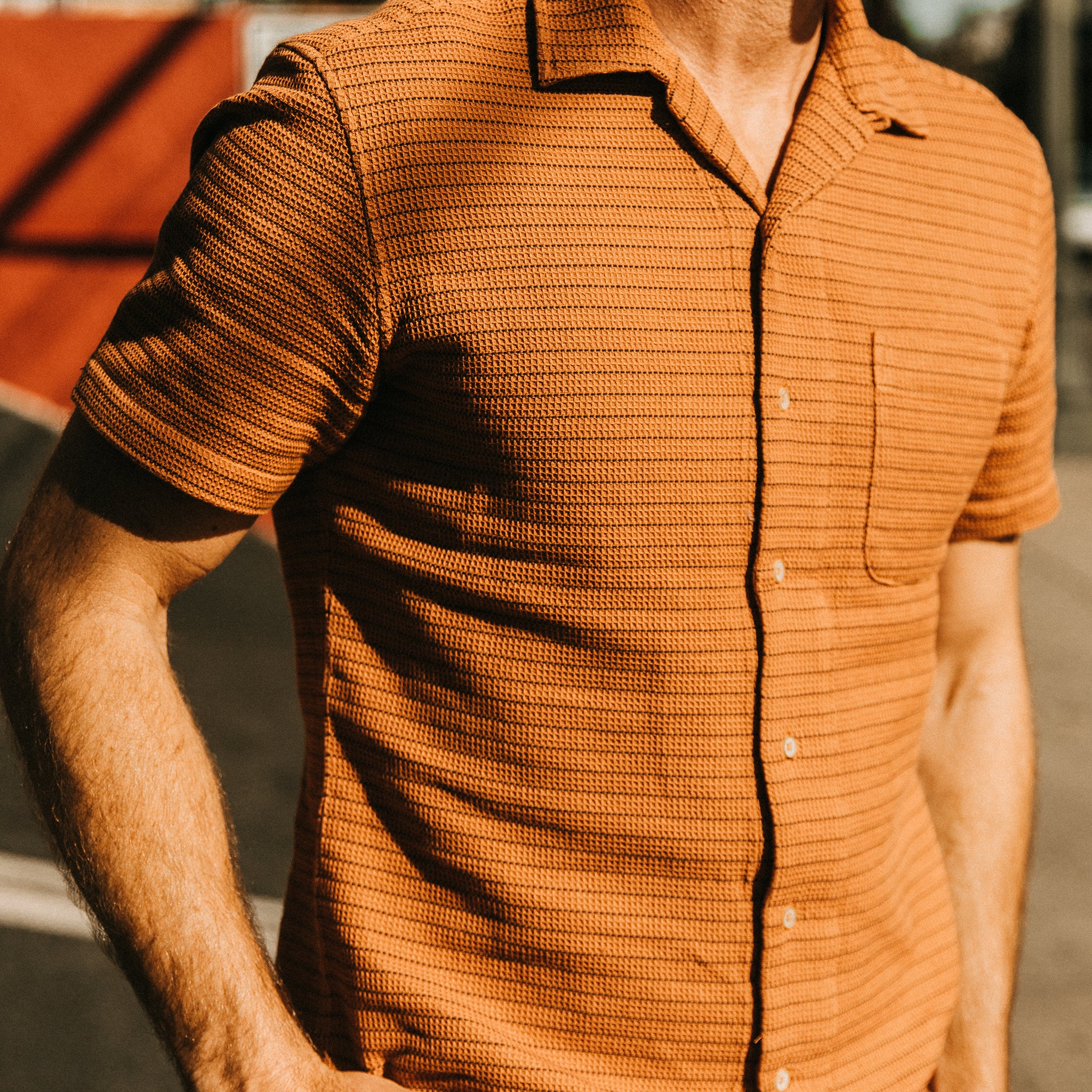 The Short Sleeve Hawthorne in Rust Pickstitch Waffle - Image 3
