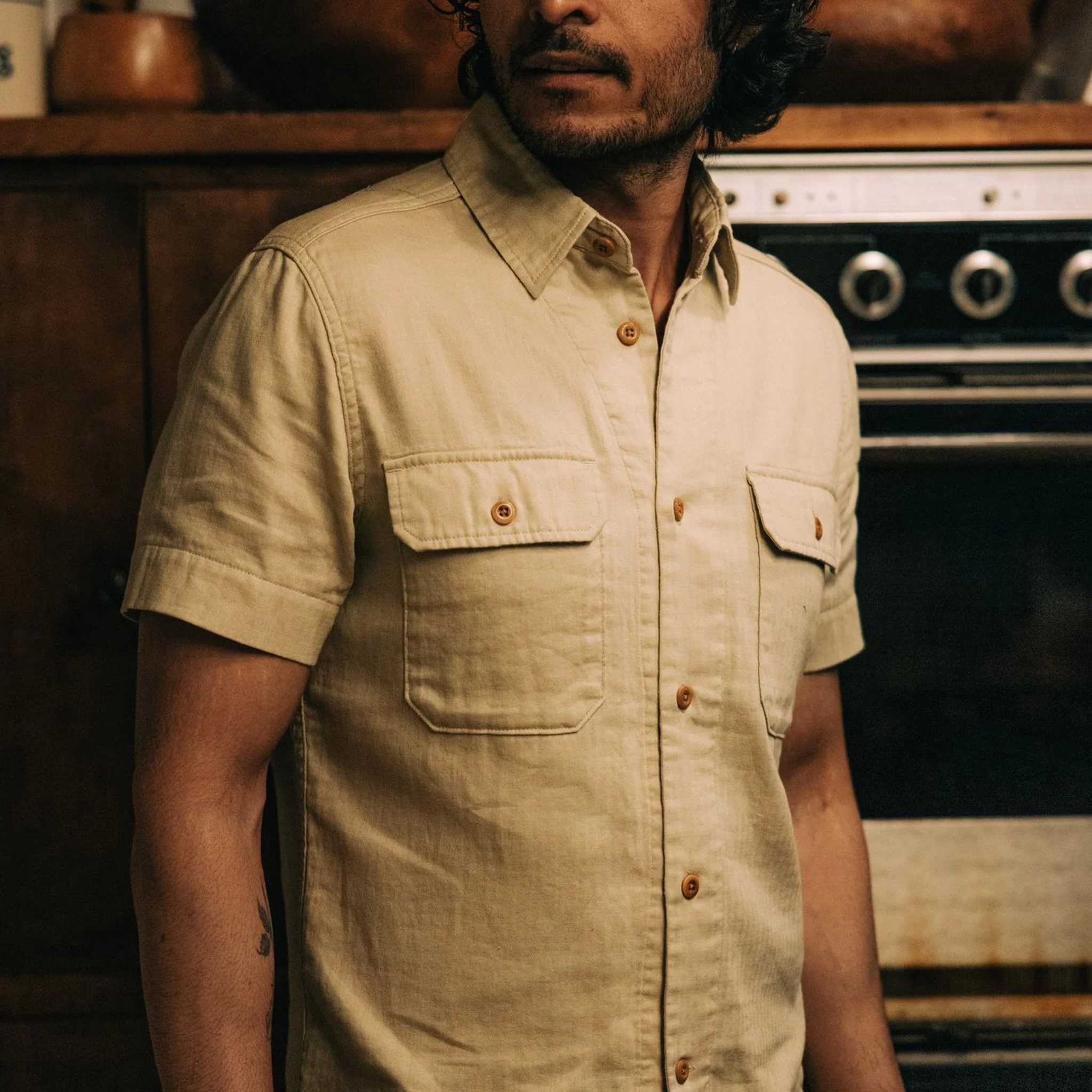 The Short Sleeve Officer Shirt in Dune Double Cloth - Image 4