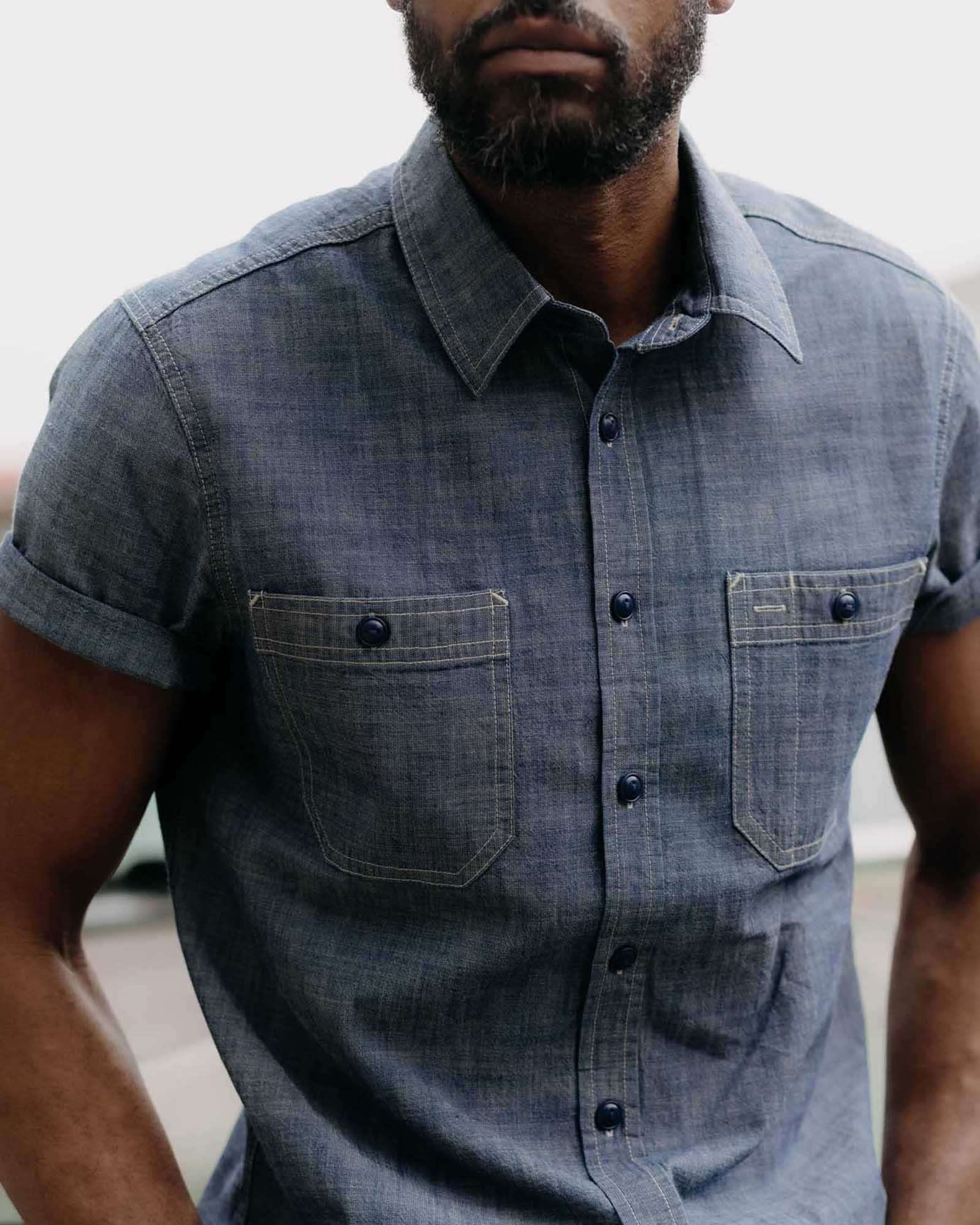 The Short Sleeve Utility Shirt in Indigo Selvedge Chambray - Image 3