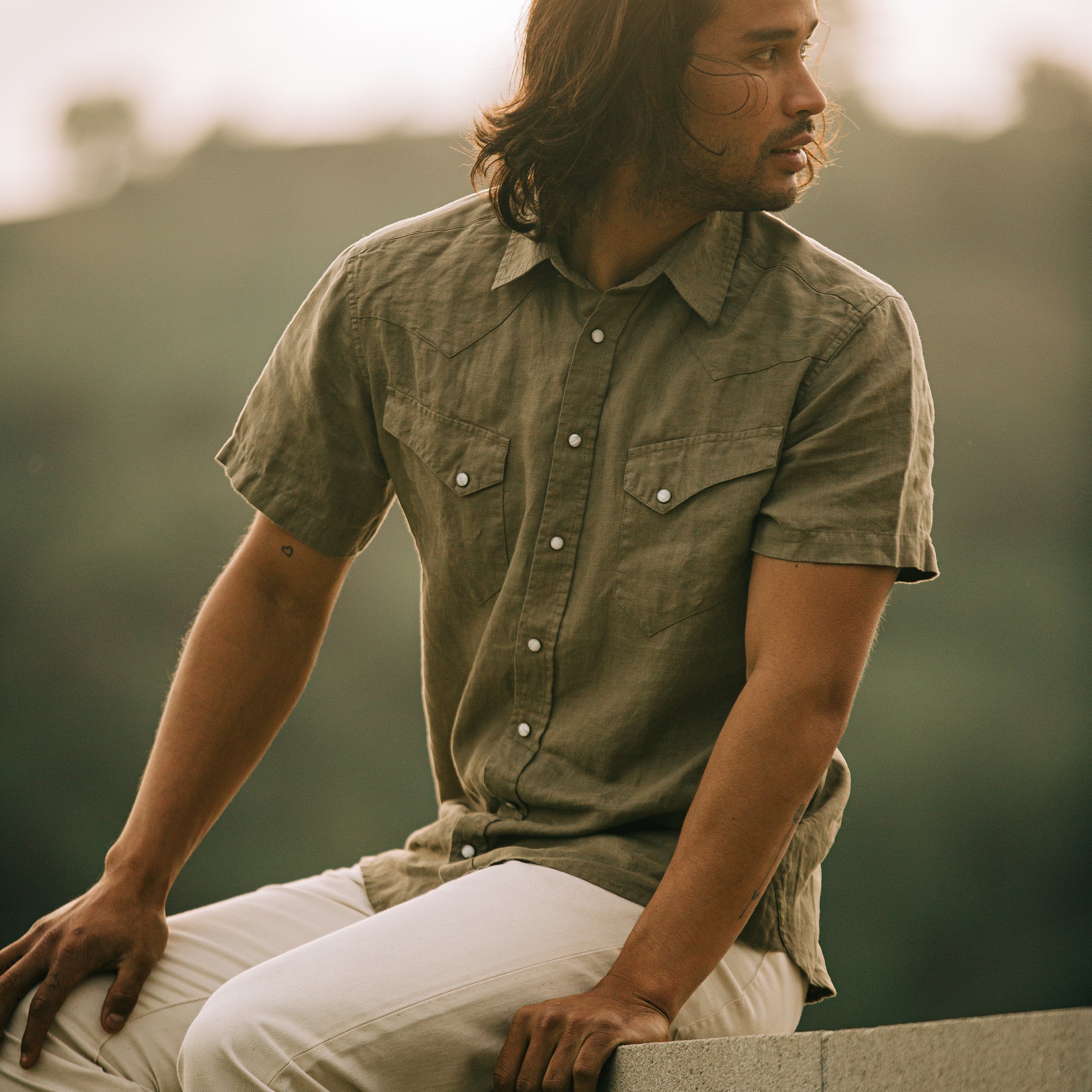 The Short Sleeve Western in Olive Linen - Image 2
