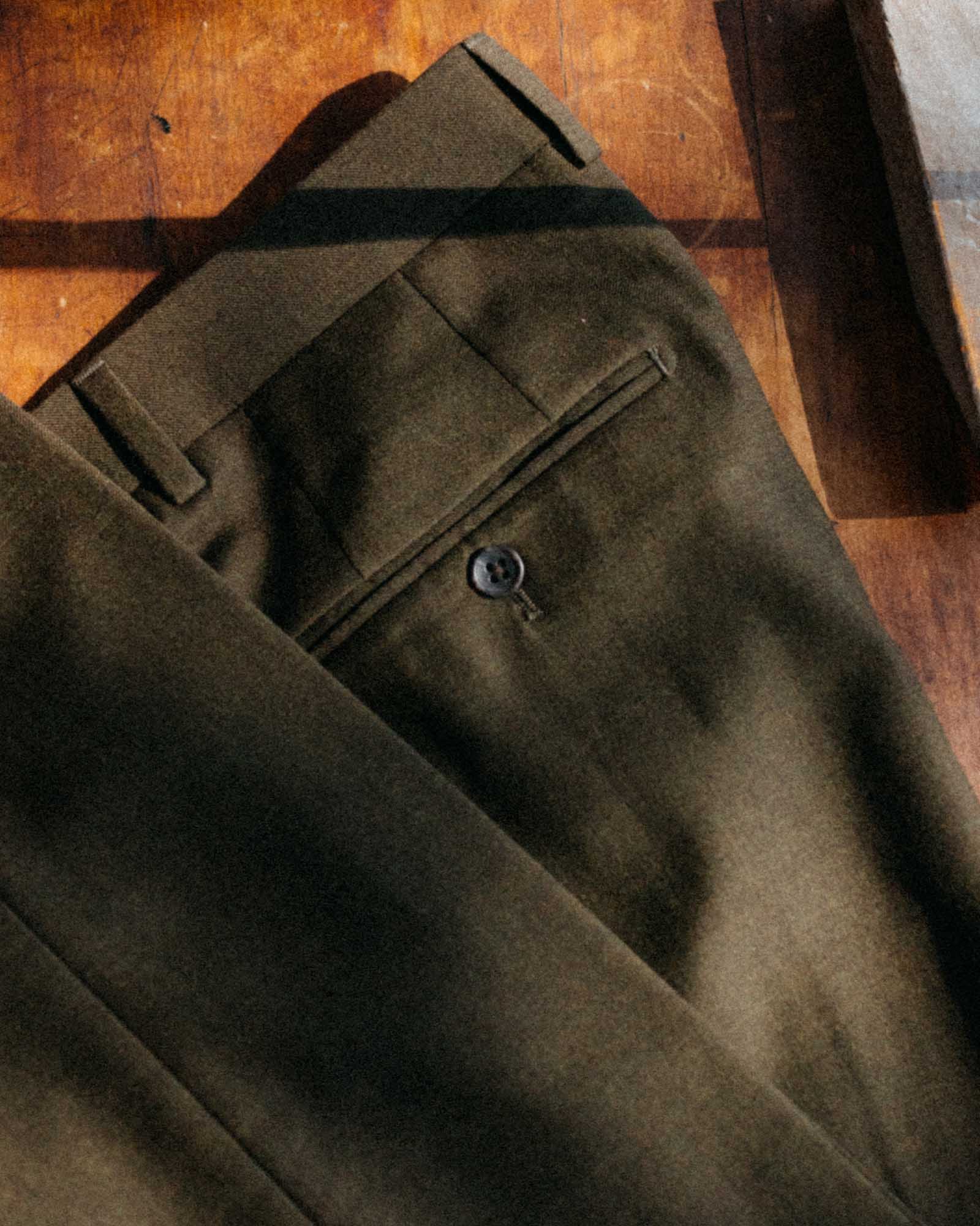 The Stevens Trouser in Black Olive Wool Flannel - Image 3