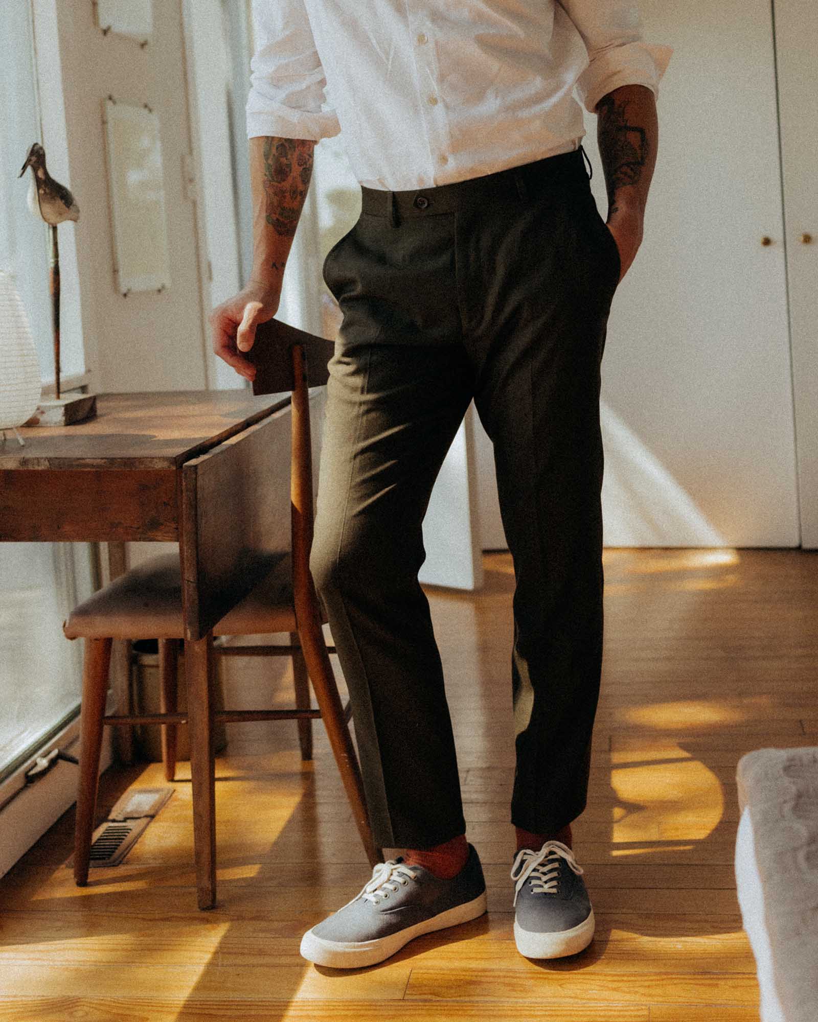 The Stevens Trouser in Black Olive Wool Flannel - Image 4