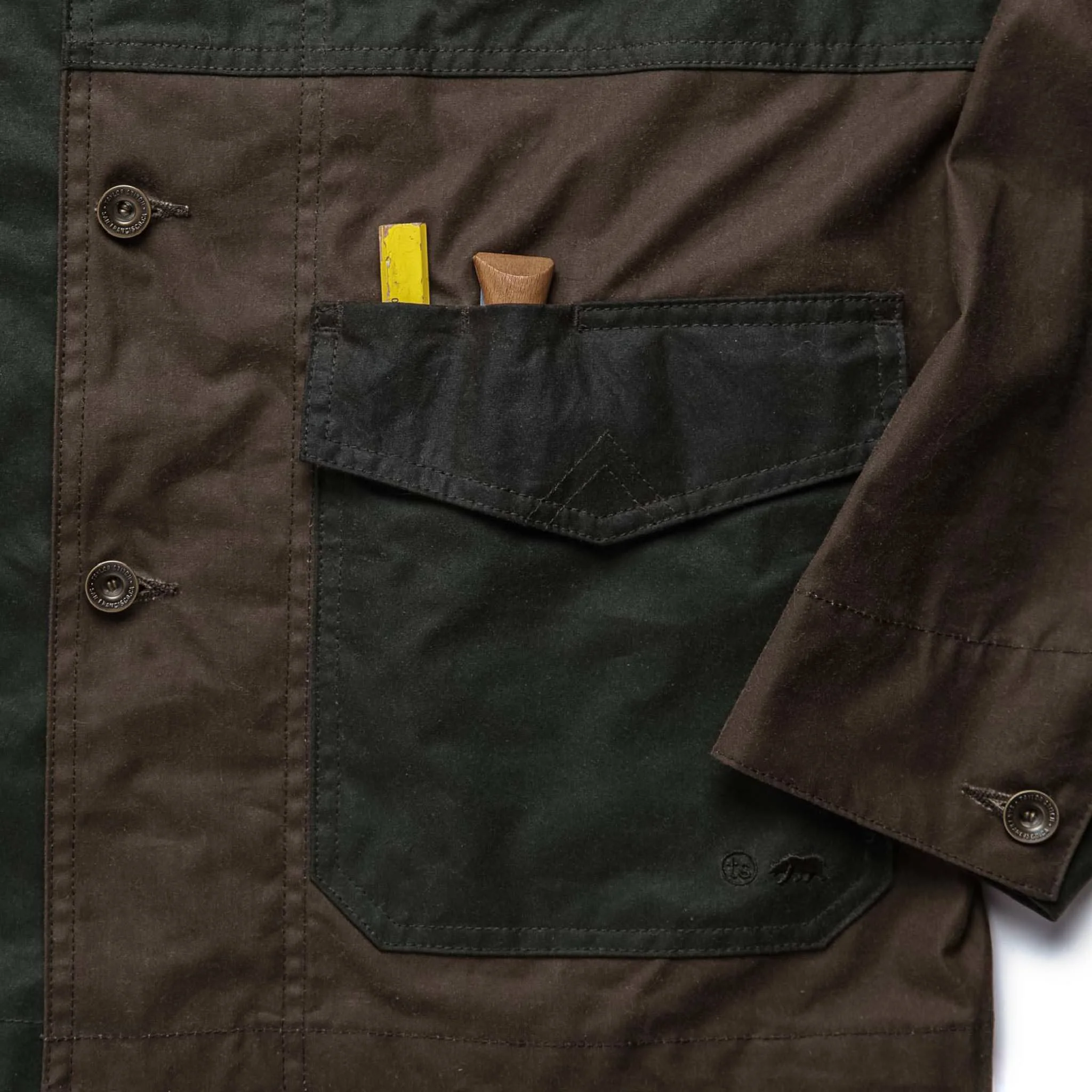 The Task Jacket in Waxed Khaki and Olive Patchwork - Image 8