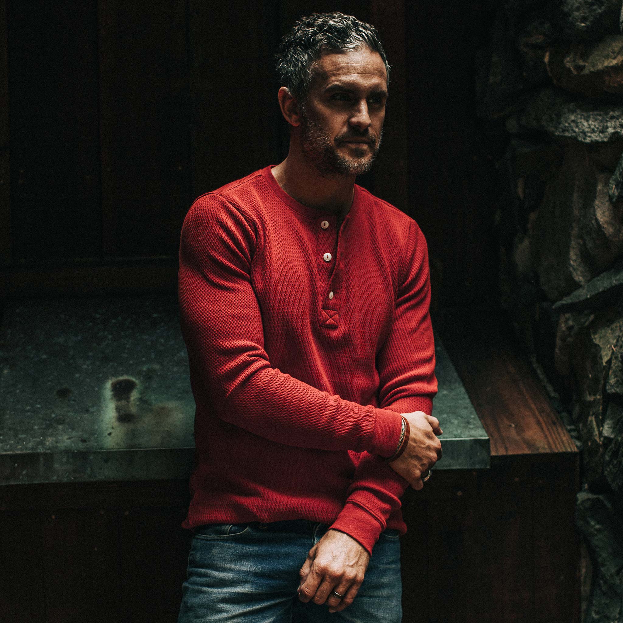 The Heavy Bag Waffle Henley in Cardinal - Image 4