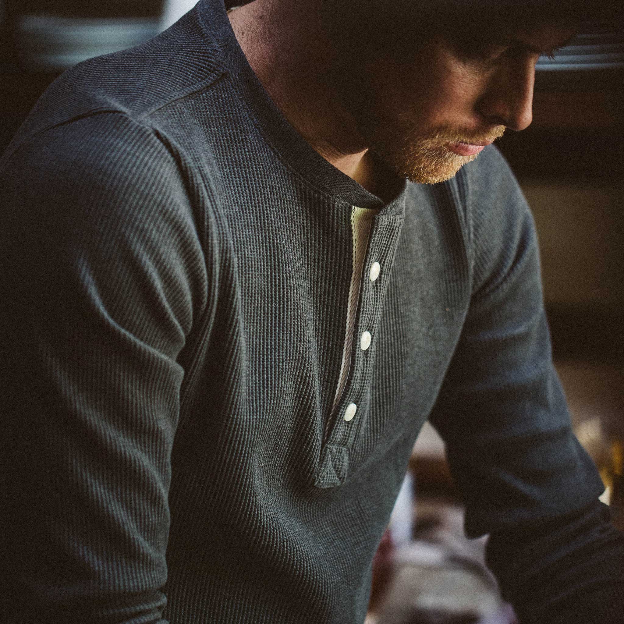 The Heavy Bag Waffle Henley in Heather Grey - Image 5