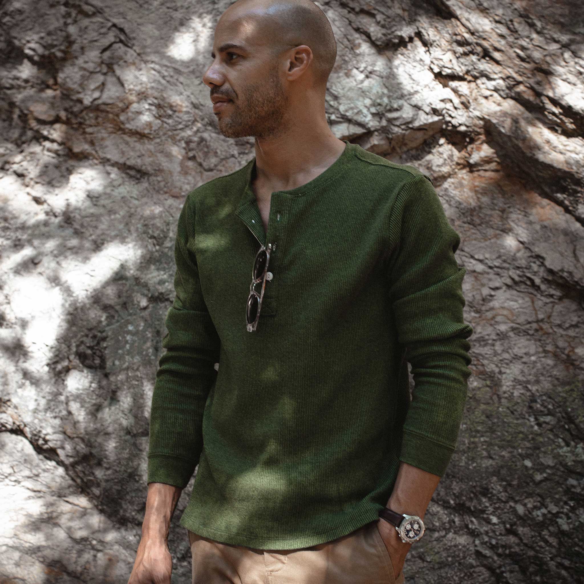 The Heavy Bag Waffle Henley in Heather Olive - Image 2