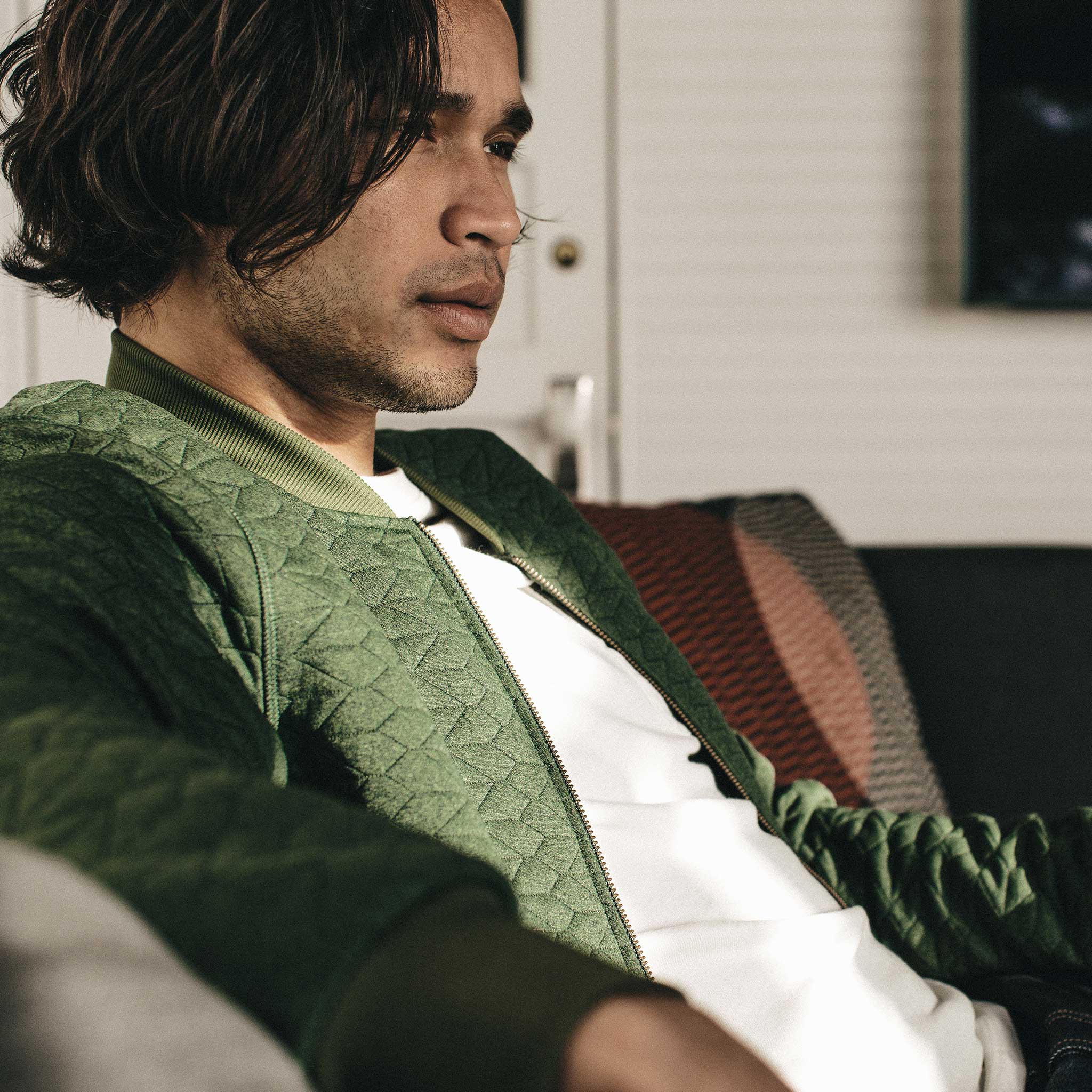 The Inverness Bomber in Olive Knit Quilt - Image 2