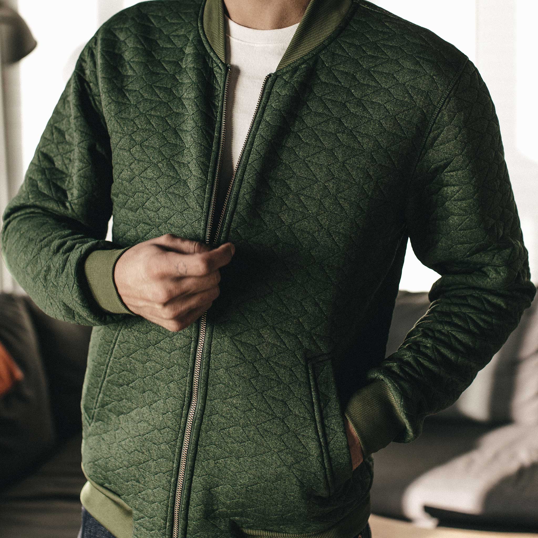 The Inverness Bomber in Olive Knit Quilt - Image 4