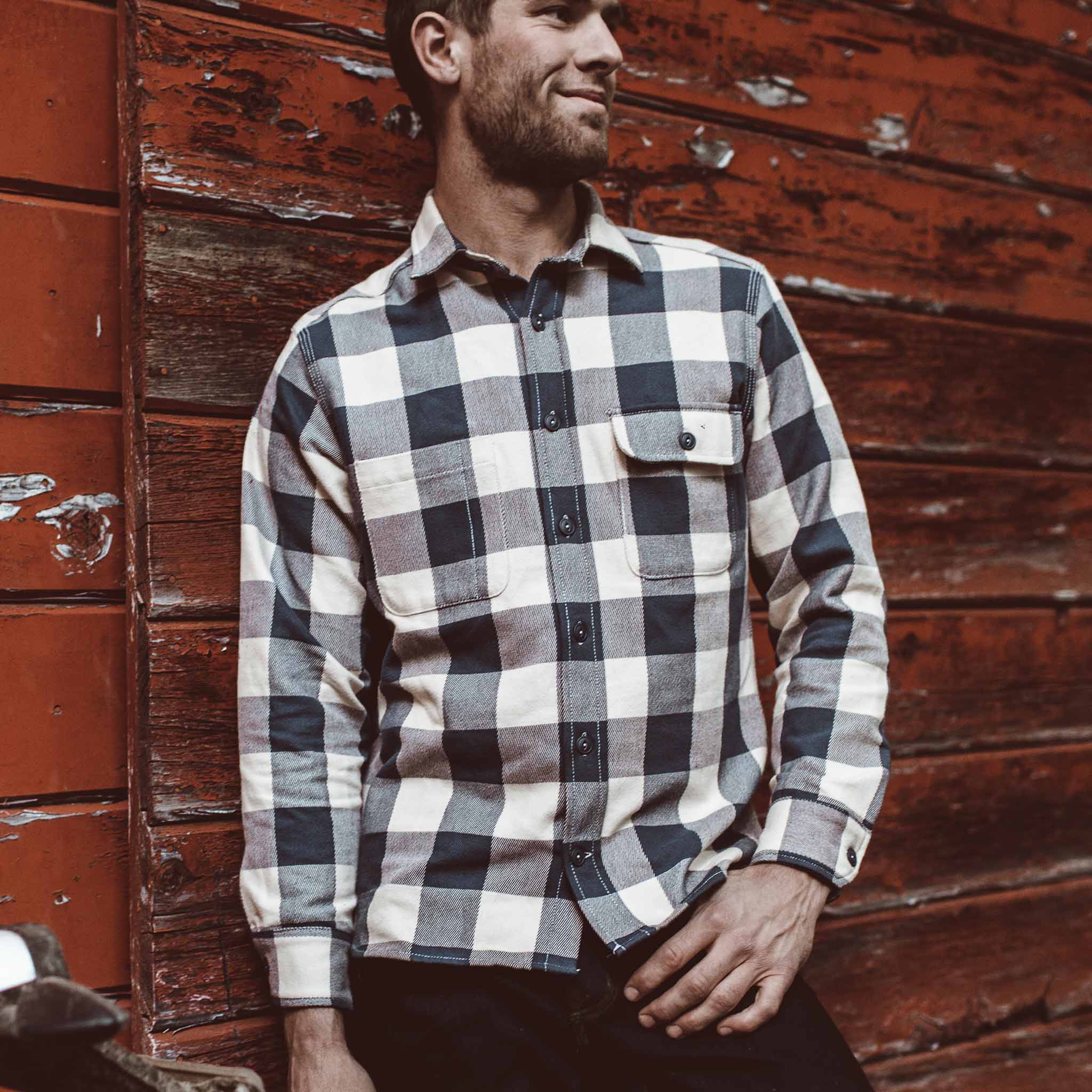 The Moto Utility Shirt in Natural & Navy Buffalo Plaid - Image 2