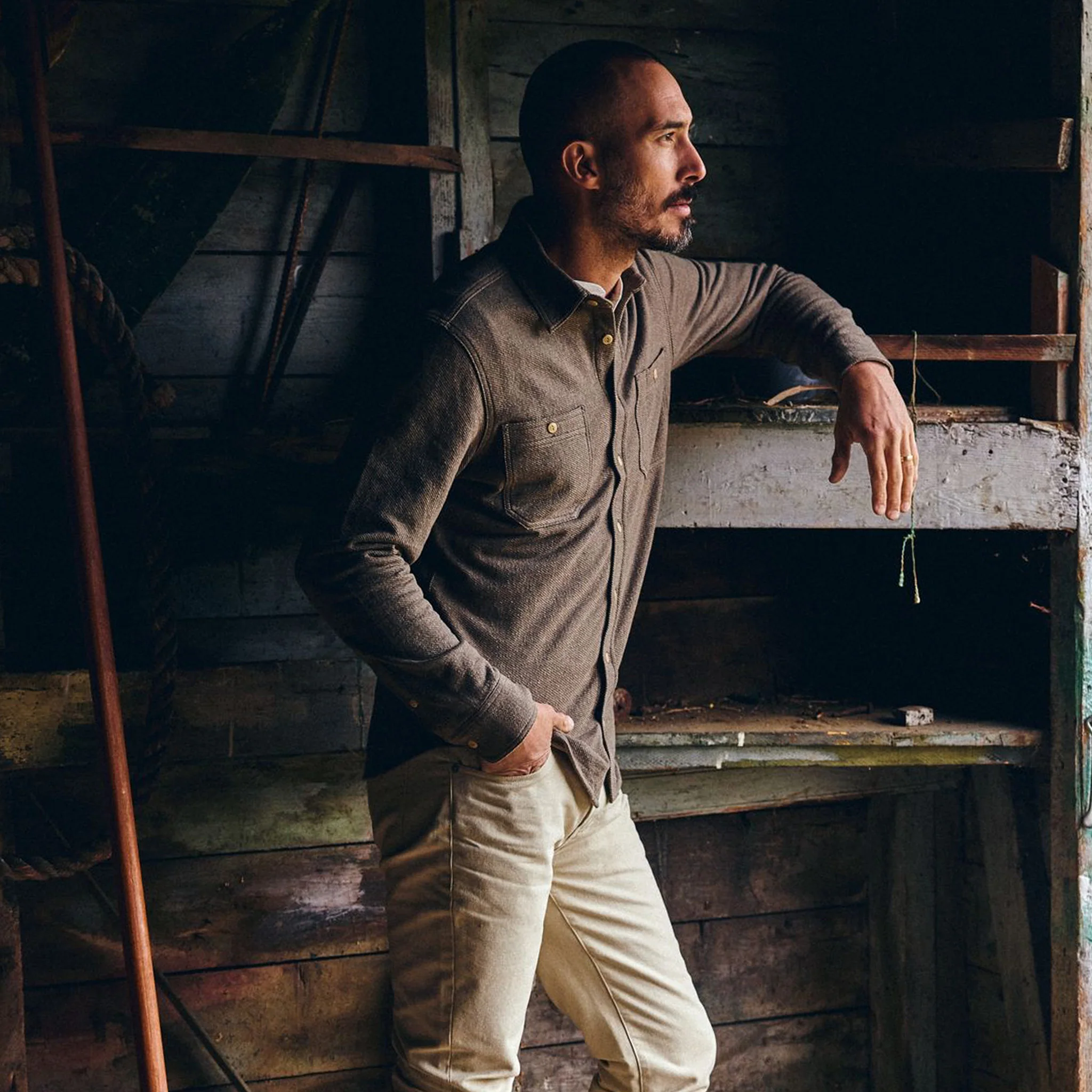 The Utility Shirt in Fatigue Olive French Terry Twill Knit - Image 2