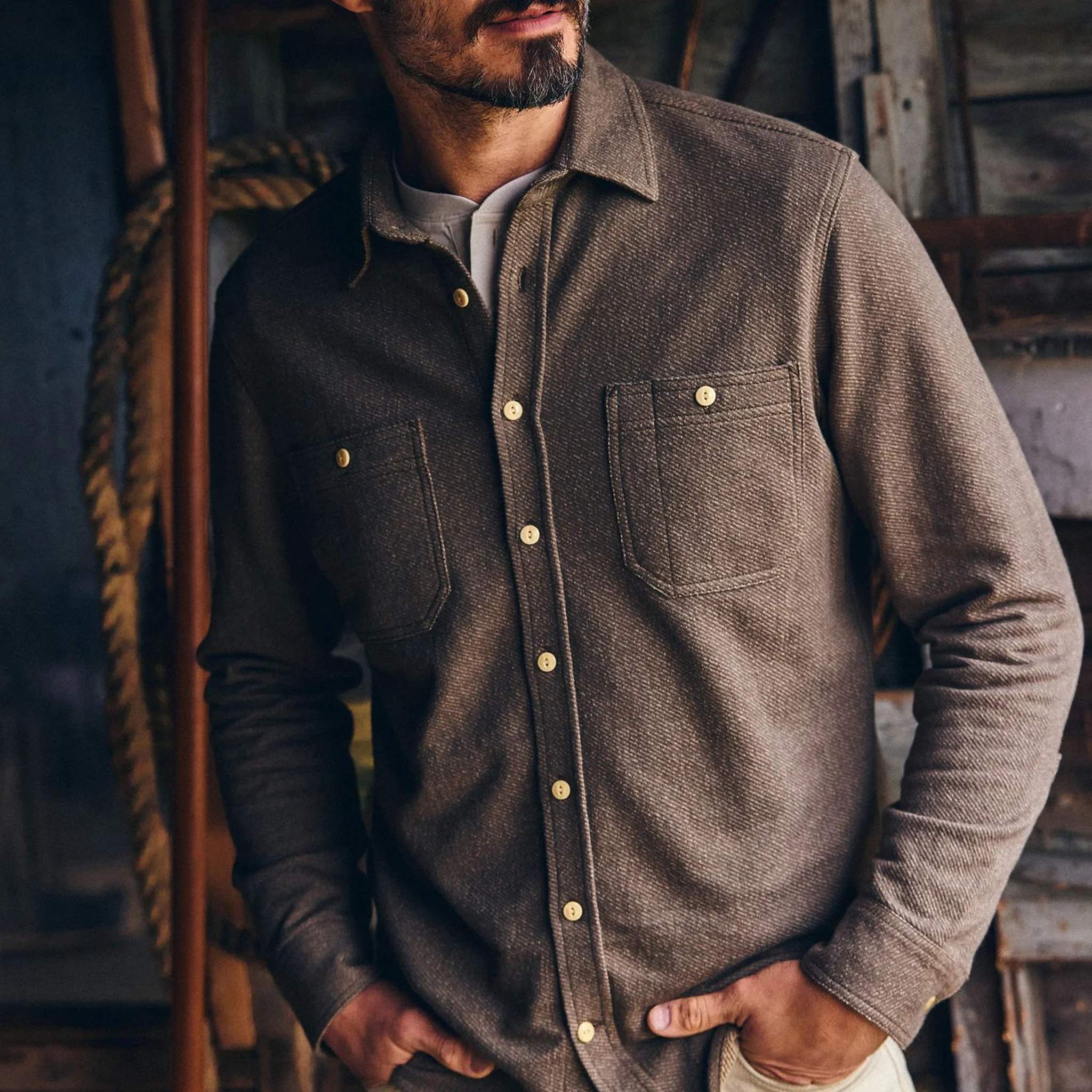 The Utility Shirt in Fatigue Olive French Terry Twill Knit - Image 3