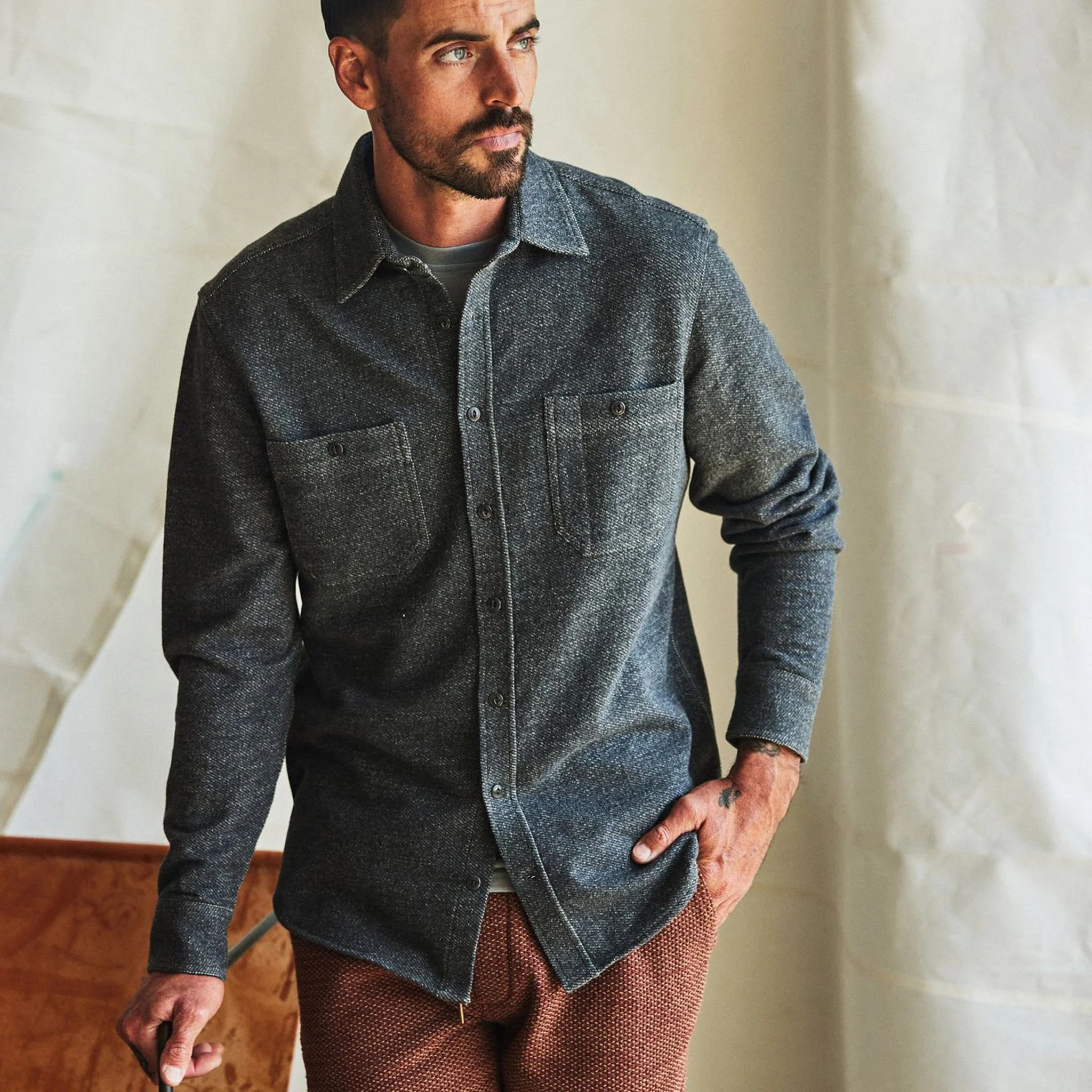 The Utility Shirt in Navy French Terry Twill Knit - Image 4