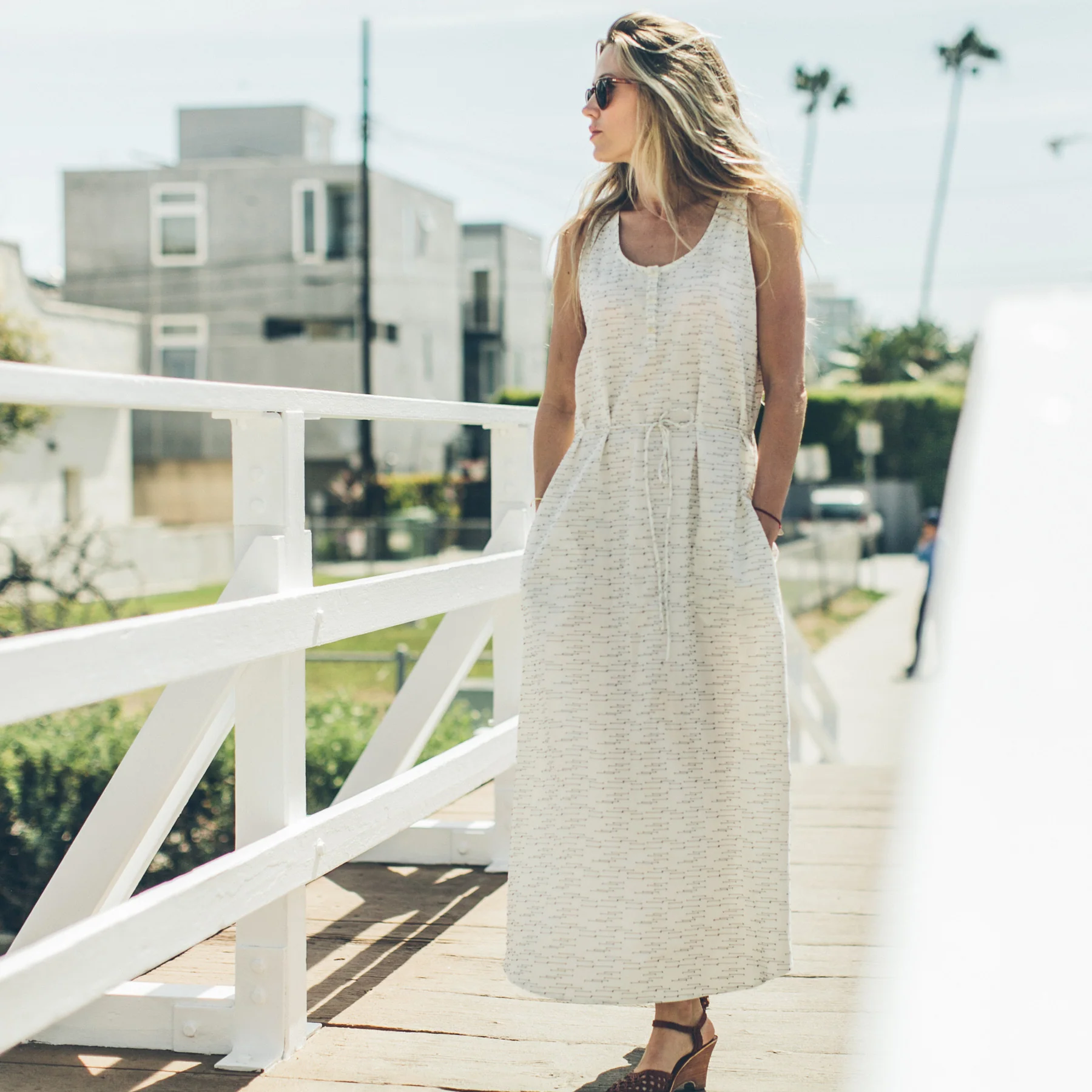 The Venice Dress in Natural and Indigo Jacquard - Image 2