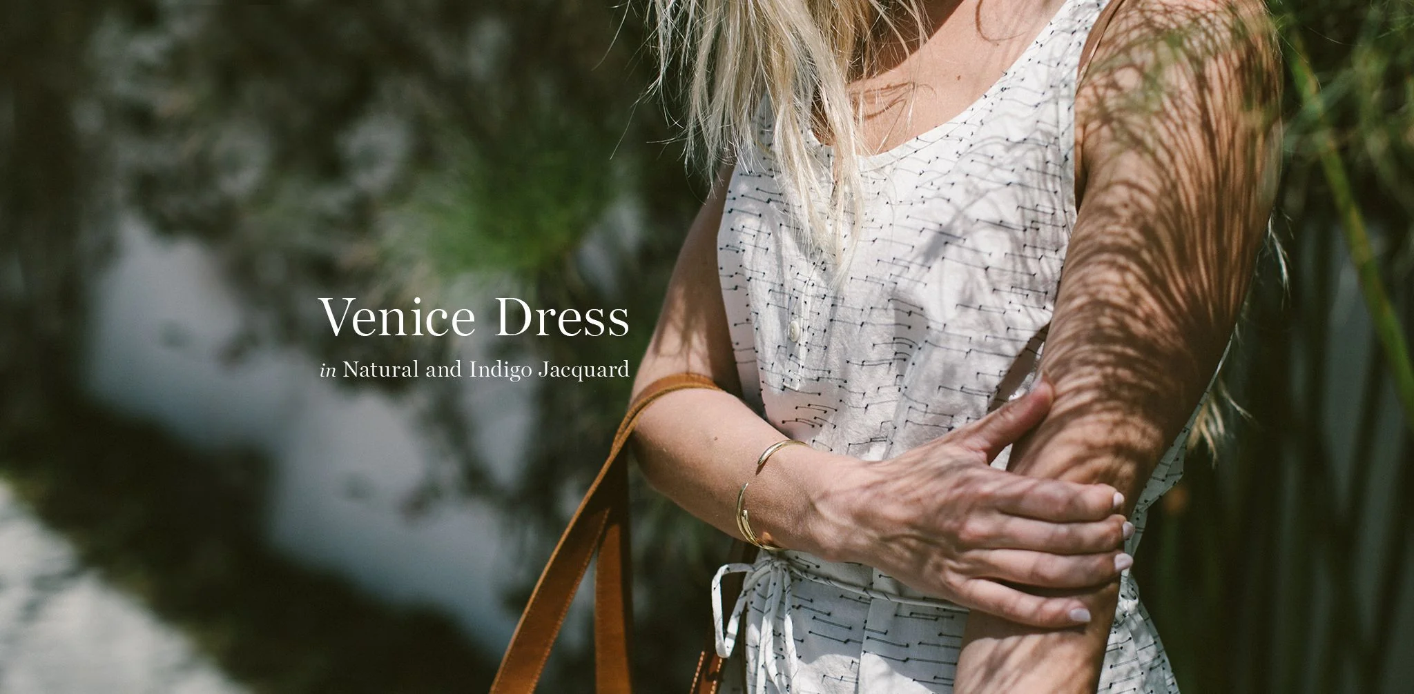 The Venice Dress in Natural and Indigo Jacquard - Image 7